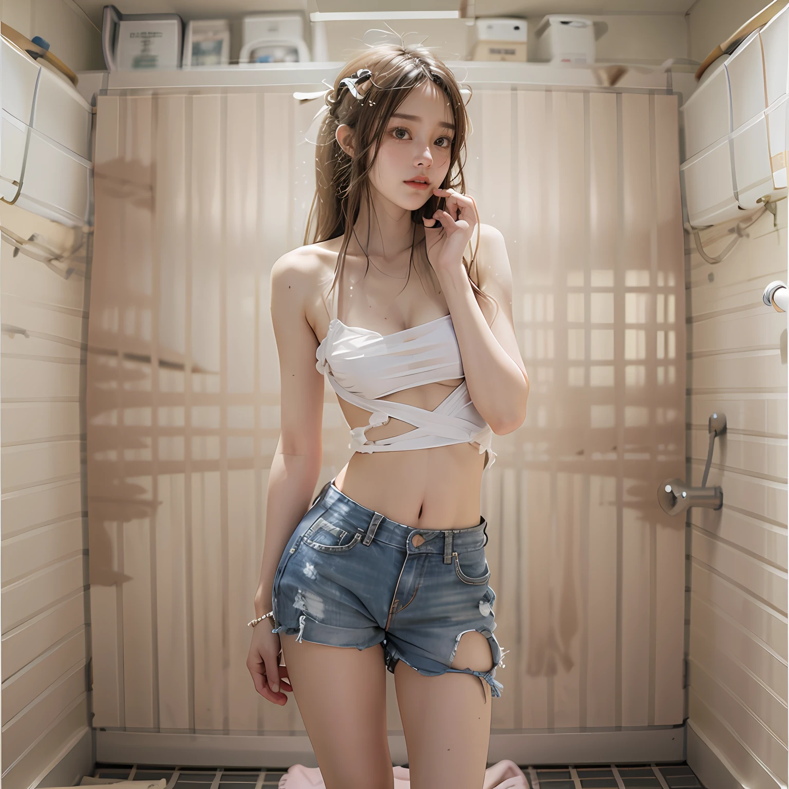 abandoned toilet，Sexy standing pose，best qualtiy，full-body portraits（1：1），delicated face，18 years old girls，lean and slender body，Body in perfect proportions，Skinny，Smaller bust，Pink tender，Broken white transparent bikini，Panties to the crotch，The barefoot，junk，The clothes are little，no clothes are worn，don't have clothes，Strip naked，exhibitionism，Masturbation，exhibitionists，face to the viewer，Resident Evil