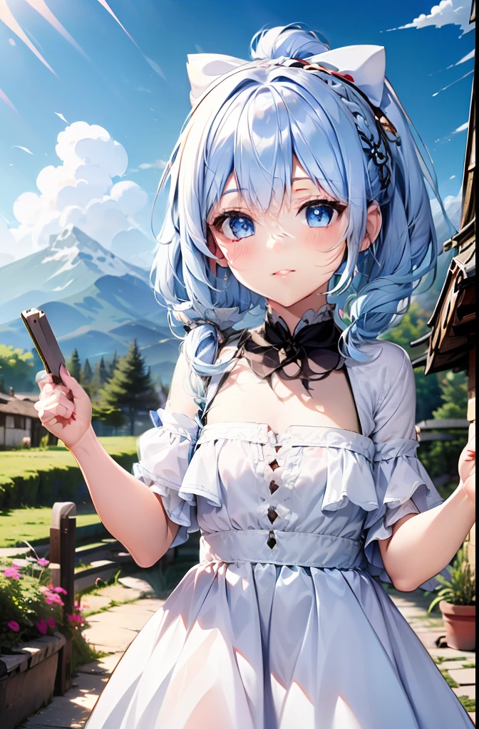 Mountains and wilderness,A row of small bungalows,One Little Girl,closeup cleavage,blue hair,long whitr hair,White shirt long skirt,eBlue eyes,The expression is mocking
