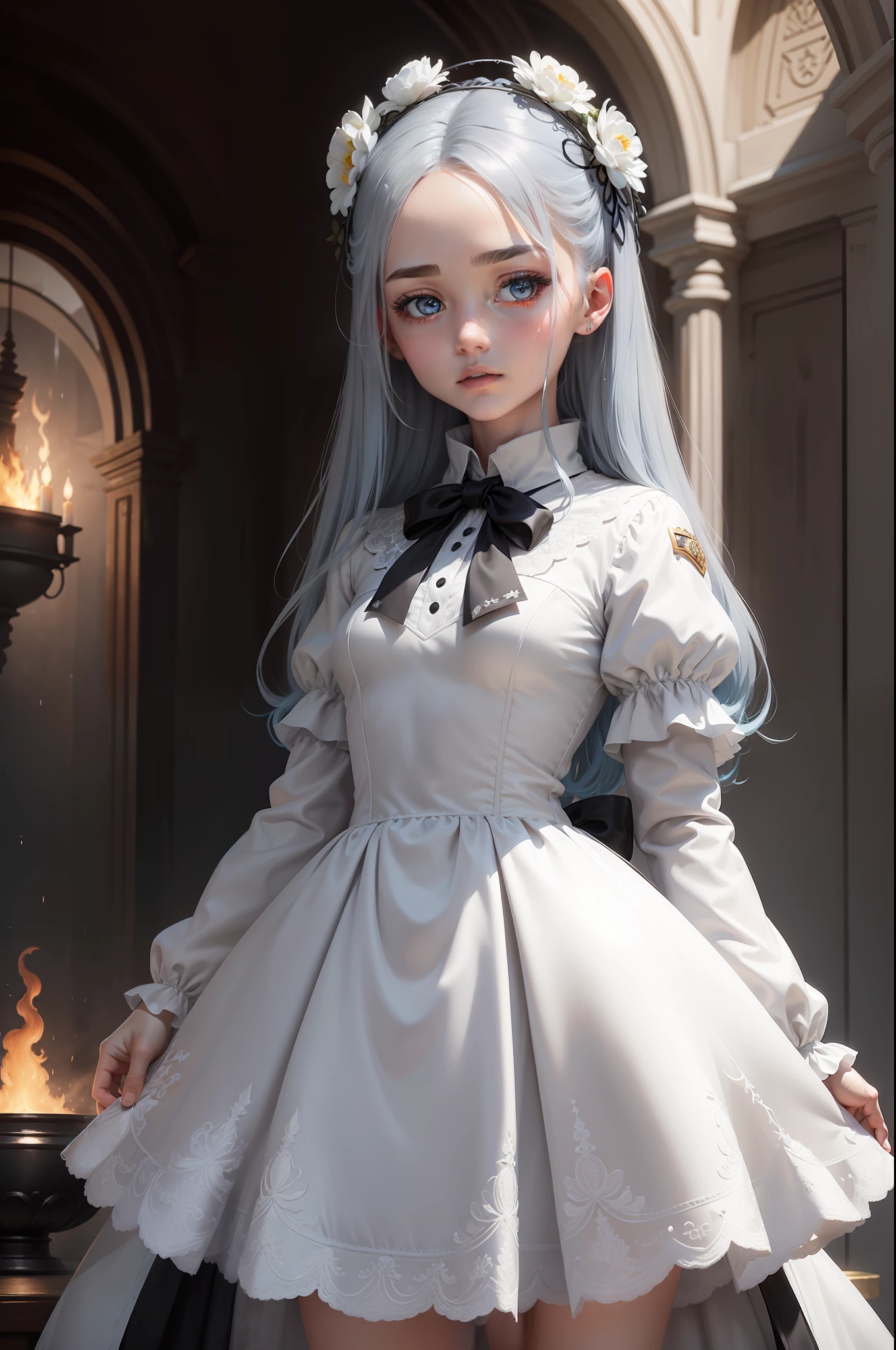 masterpiece, exquisite, illustration, {beautiful and meticulous girl}, beautiful and detailed halo, (fire of war: 1.2), (nuclear explosion behind: 1.3), rain, detailed lighting, detail water, (beautiful and detailed eyes: 1.1), expressionless, palace, sky blue hair, scattered hair, long bangs, eyebrows, (white-gray dress: 1.1), black ribbon, white bow tie, upper abdomen, big forehead, dull, flower, long sleeves