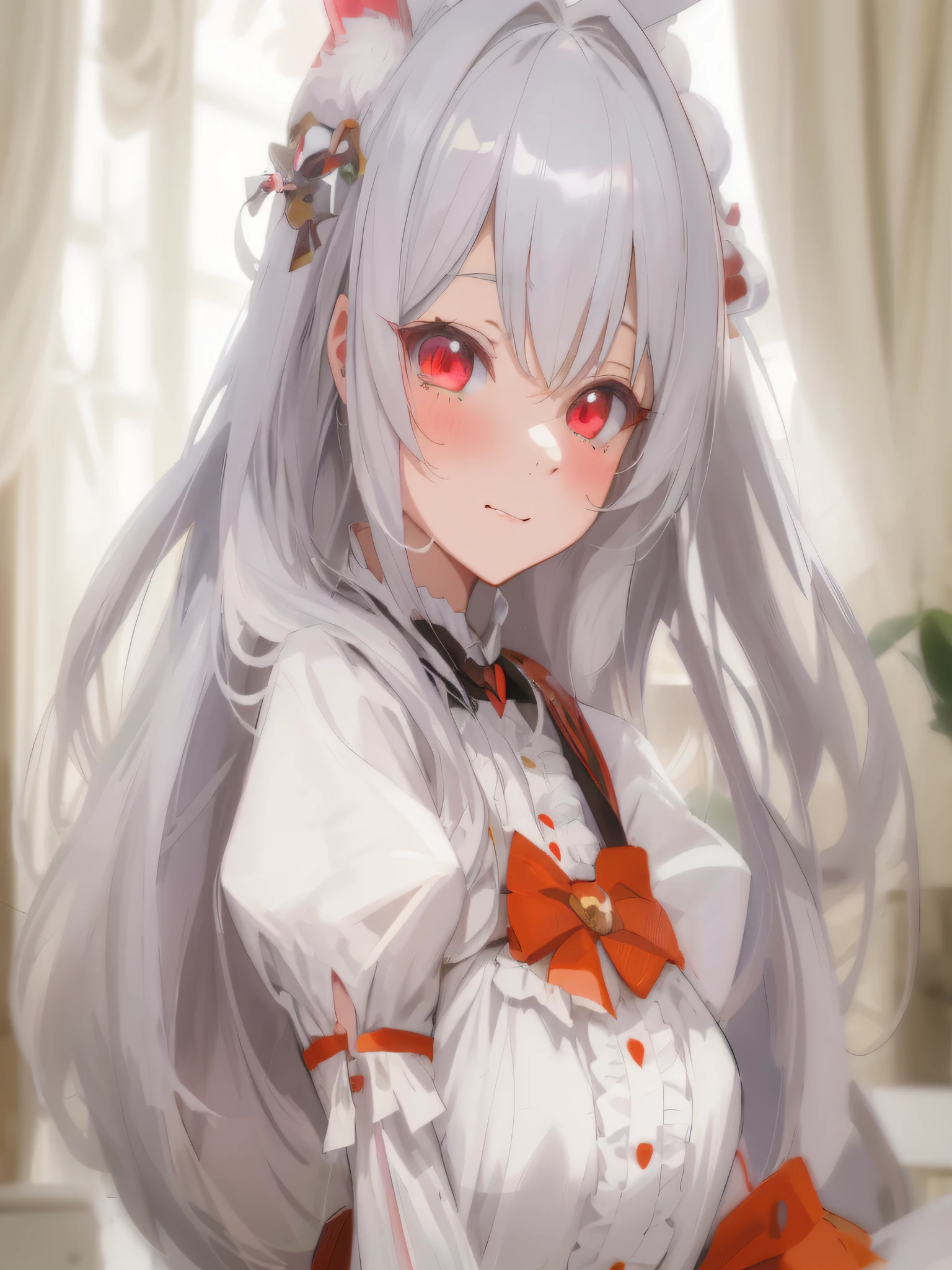 Anime girl with long white hair and red eyes in a white dress, made with anime painter studio, style of anime4 K, Soft anime illustration, Detailed digital anime art, Very beautiful anime cat girl, White Cat Girl, beautiful anime catgirl, drawn in anime painter studio, small curvaceous ****, Smooth anime CG art, cute anime catgirl