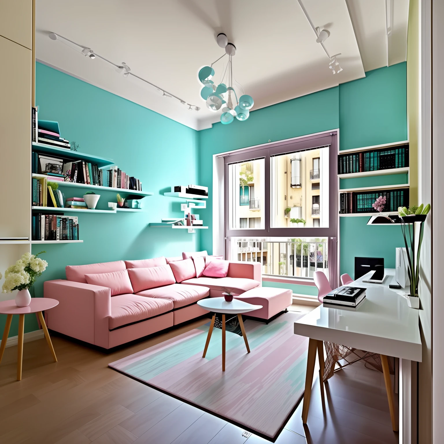 Living room. Barbie appartment in Barcelona. Sofa, coffee table, library, lamps. Large window, balcony, plants in pots. Computer workstation on back corner. Palette of creamy white, bright pink, teal, baby pink, cerulean blue.