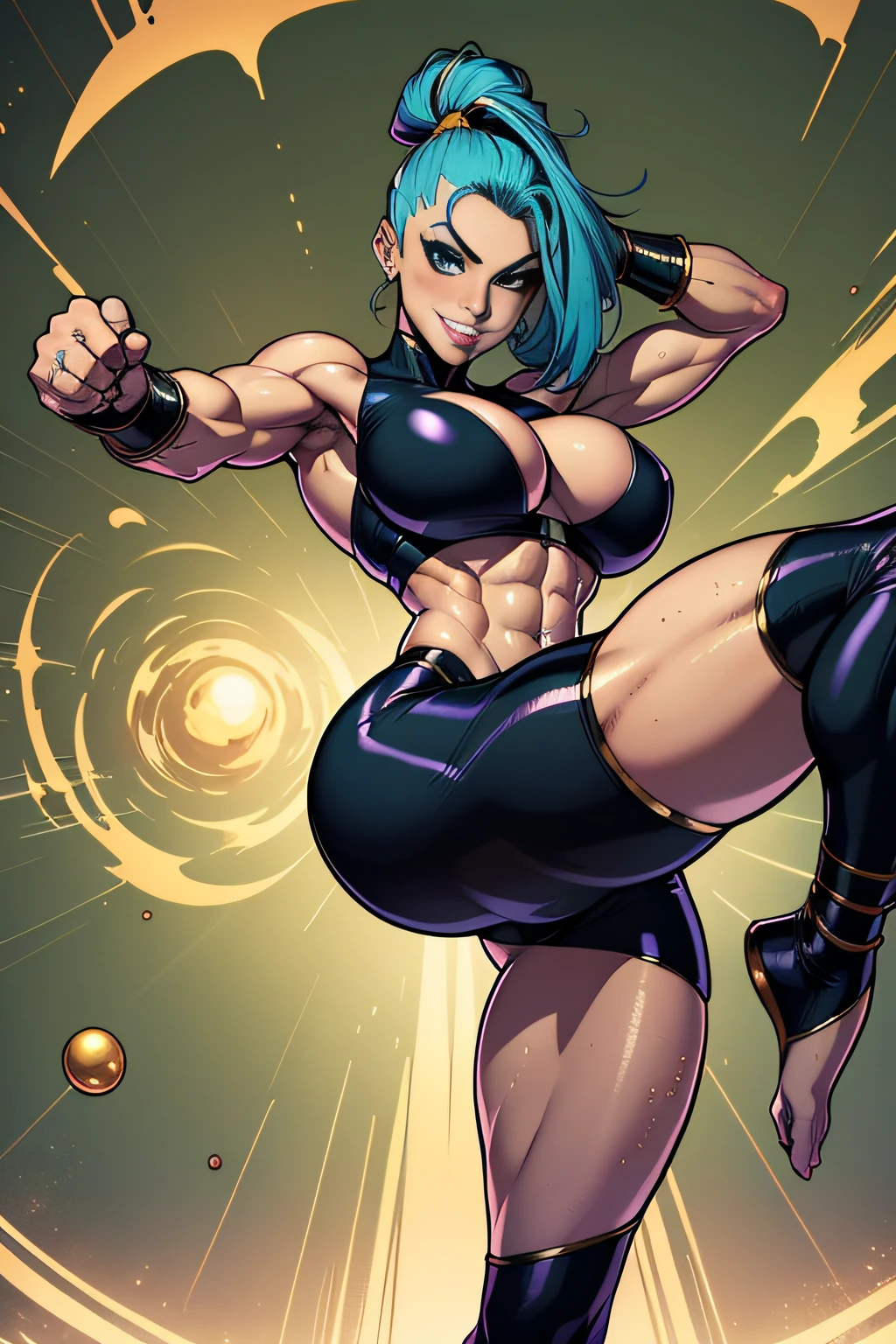 Fighting game characters、Big breasts about to burst、One Woman Alafe、Jade-colored hair、slurry and long legs,,,,,,,,,,,,、Fitness Model、musculature、abdominals、Height 175cm、Fighting suit with golden luster、skin tanned、glistning skin、Cool smile、full-body view、Pose ready to fight、Knee kick