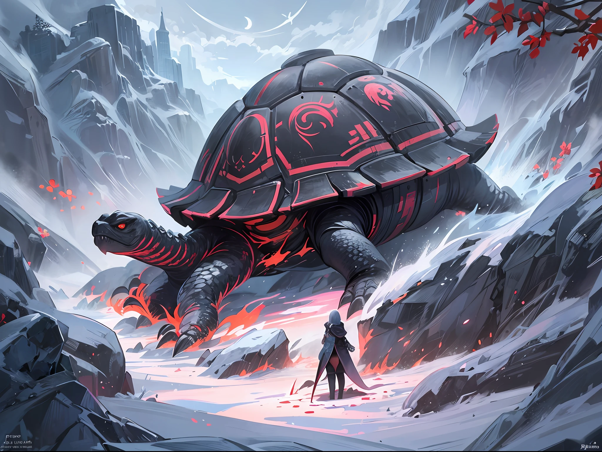 2.5d anime illustration, digital concept art style with extremely beautiful art, tonal contrast, rich colors, intricately detailed illustration, legendary creature, yin-yang path, giant tortoise, sharp looking, sharp claws, glowing eyes, blood vessel-like pattern and black turtle shell, multiple snake tails, gray rock-like turtle face, snowfield, blizzard, footprints, mysterious and fantastic atmosphere, winter, dignity, ethereal atmosphere,