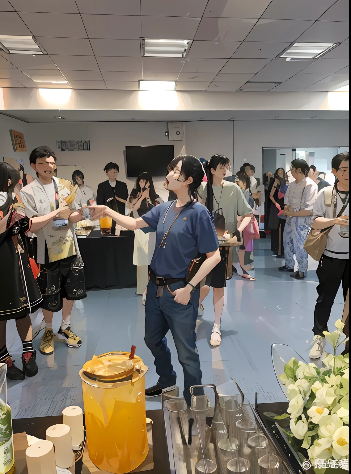 People stood around a table,Drinks and drinks are laid out in front of you, dancing in the background, everyone having fun, mu pan, jinyiwei, 2019 trending photo, people dancing in background, 😭 🤮 💕 🎀, author:Yan Hui, 🌻🎹🎼, Chiba Yuda, yanjun cheng