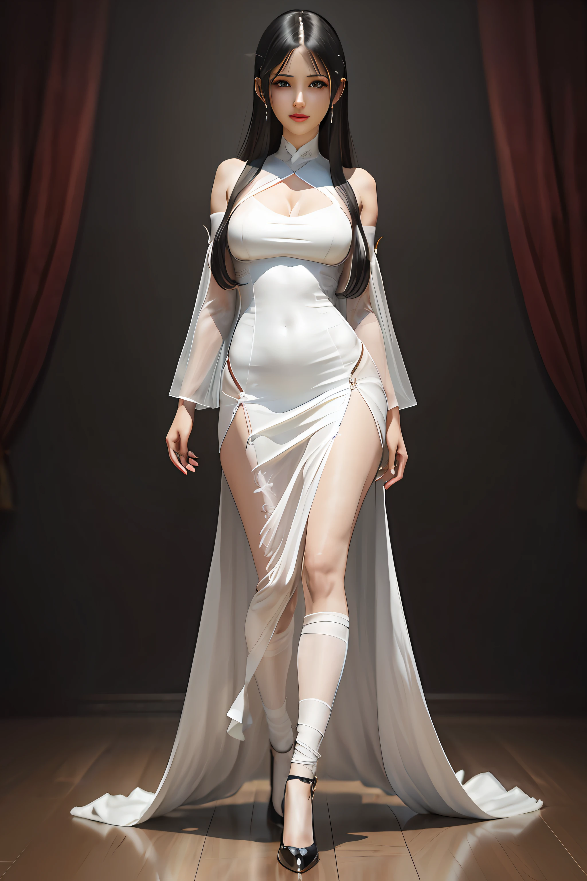 Arakfi woman in white dress and high heels walking on wooden floor, 3 D rendering character art 8 K, full-body xianxia, Full body CGsociety, unreal engine rendered + A goddess, elegant cinematic pose, Charming Tifa Lockheart, cinematic goddess body shot, a beautiful fantasy empress, smooth digital concept art, Albedo from Overlord