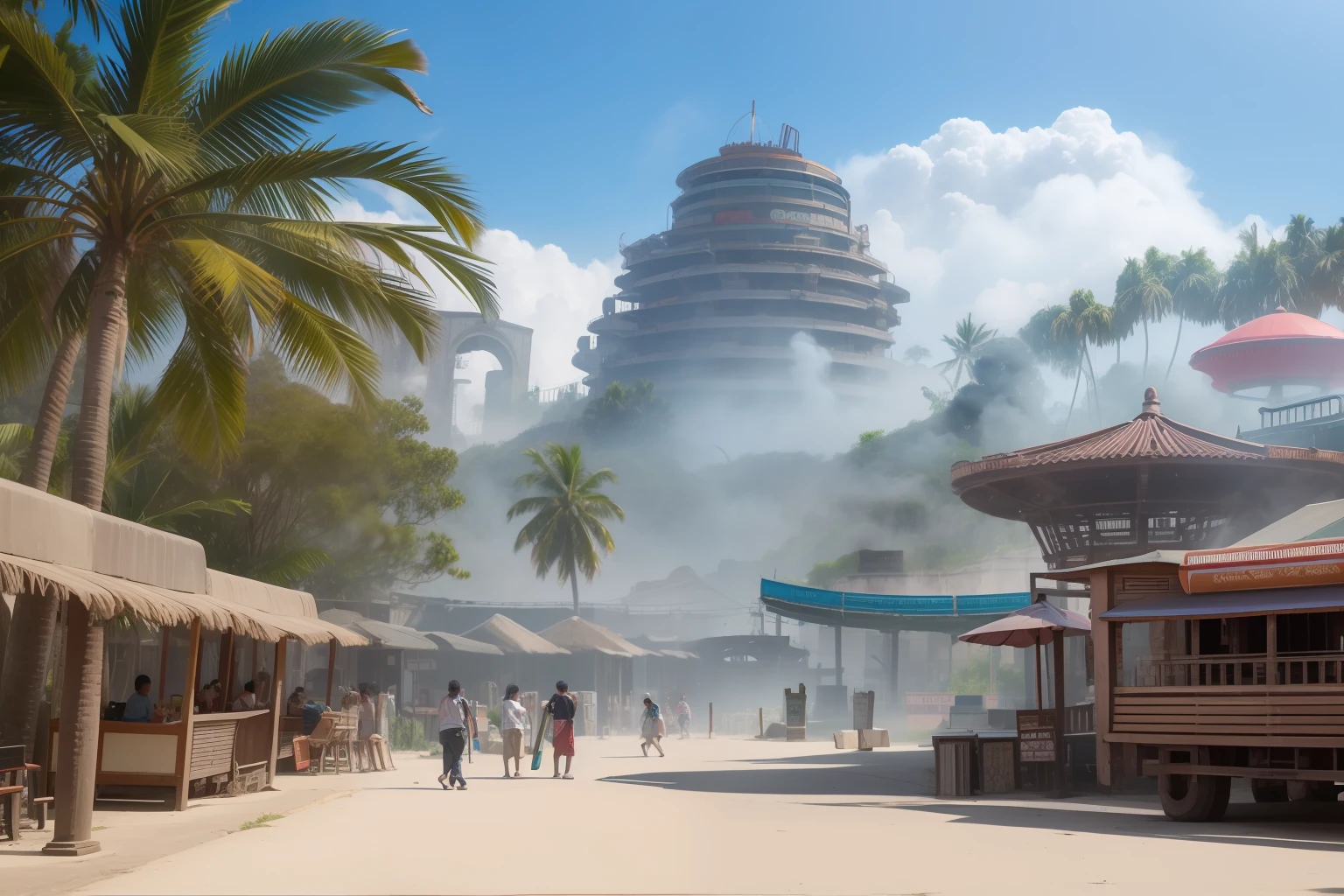 Amusement park ruins,Wagas,smoke of gunpowder,smog,Bright shades,Heads-up,frontage,Horizontal, Coconut Tree,tall plants