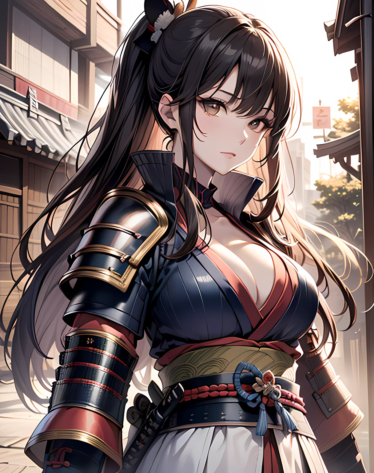 photo realistic, anime style, (8k, RAW photo, best quality, masterpiece:1.2), High detail RAW color photo, professional photograph, cowboy shot, (realistic, photo realistic:1.37),cinematic light, (finery detailed face:1.2), cowboy shot, thigh 1 girl, 18-28 years old, very cute, very beautiful, photo realistic, event companion, BREAK, white skin, real human skin, (detailed face), oval face, pores, ultra high res, BREAK, slim, (medium-large-breast:1.37, cleavage:1.37), (looking straight at viewer with a serene and goddess-like happiness:1.2), (lifter gloss, eyelashes, gloss-face, best quality, ultra highres, Broad lighting, natural shading), (beautiful thin long hair, pony-tail:1.3, brown hair),, BREAK, 1 woman, elegant beauty, radiant skin, (Maeda Keiji costume:1.3), (warring-states-era:1.4), solo, (eccentric-fashion:1.2), (tiger-pattern-accent:1.3) (samurai-armor:1.5), detailed traditional clothing, (style-sengoku:1.3), detailed face expression, (style-dynamic:0.8), standing pose, holding katana, determined expression, (background: battlefield), (style-battle-ready:0.9), historical atmosphere, armor details, detailed background, (style-wafuku:0.9), powerful aura,