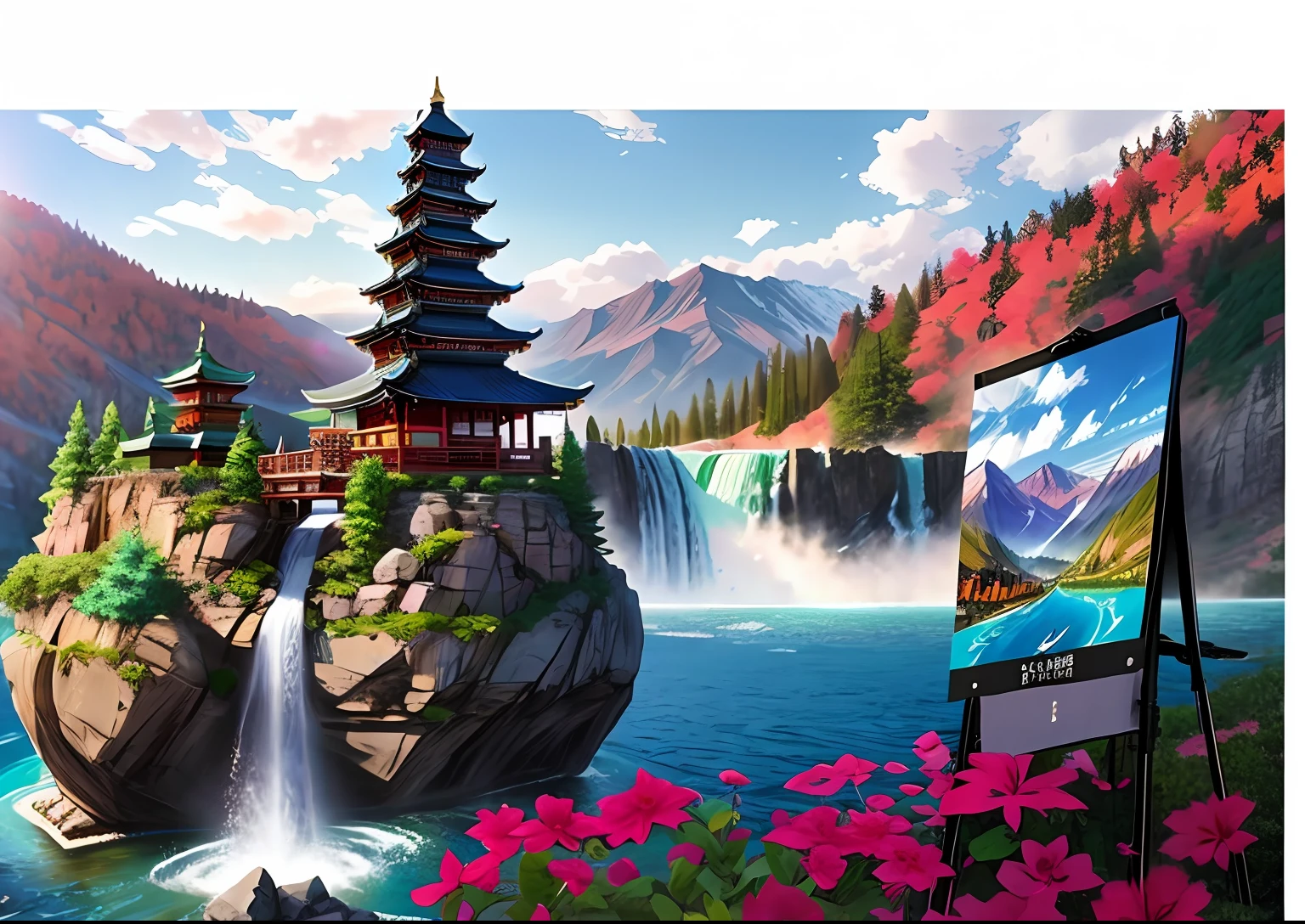 Red Valley，There are mountain trails for skiing，Stone Statue Waterfall，pagoda，​​clouds，spectacular，blue-sky，Flat wind，Anime characters skiing，Tourism promotion，poster for，（tmasterpiece），（sportrait），（RAW photogr），（非常详细的 CG 统一 8k 壁纸）iintricate，Clear focus，dramatic，Realistic art