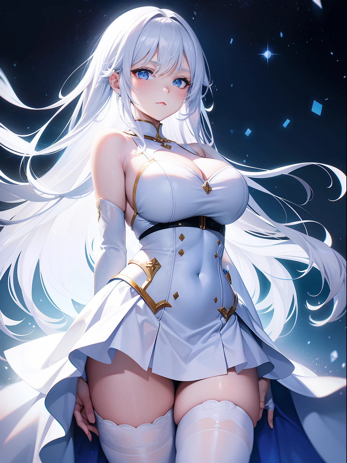  beautiful， Young woman， In the crystal and ice zone， drifting snow， ride horse， White hours， Gradient hair， White hair， blue hairs， Long hair， eyes reflection， disdain， Ray traching， reflective light， bblurry， Glowing light， depth of fields， lightand shade contrast， stereograms， zoom layer， cowboy lens， f/2.8， Bokeh， tmasterpiece， best qualtiy， high qulity， k hd，White stockings