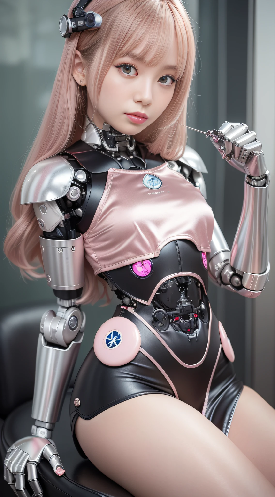 (Photorealsitic:1.4)、Onegirl、(top-quality),(hyperdetailed face)、(Super well-formed face)、((Robot Parts))、(Cyborg girl)、(metalic)、(fullllbody)、(sexy  pose)、(Slender body)、(Model body type)、(full body mech)、(akihabara)、(is looking at the camera)、(A dark-haired)、(９Head and body)、(a small face)、(Idol)、(front facing)、(Sit on a chair with your legs open)、(Photo session)、(Looks sad)、(Cyborg girl in pale pink satin dress)、(Golden button)、(sleeve less)、(a miniskirt)、(Ｋ－ＰＯＰthe wind)