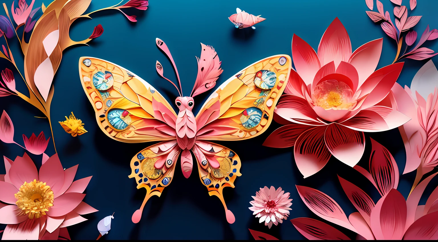 realistic, (best quality, masterpiece:1.3),illustration,big butterfly in the center , floating in dalias, cloudy sky, paper_cut, pattern, pink colors background