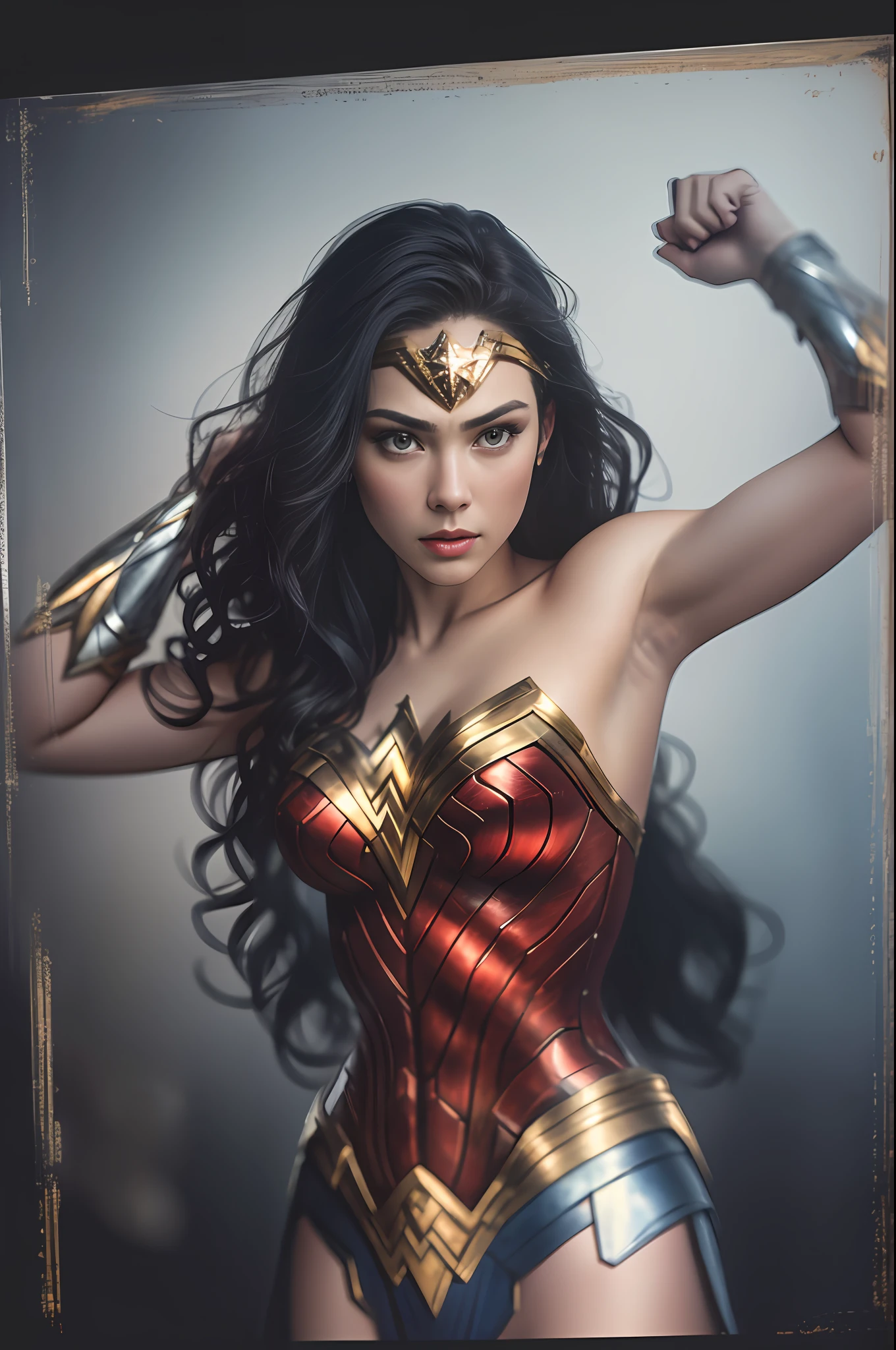 (8K、Raw photography、top-quality、masterpiece:1.2)、ultra-detailliert、Official art、Photorealsitic:1.37、upperbody shot、Wonder woman、film grains、actionpose