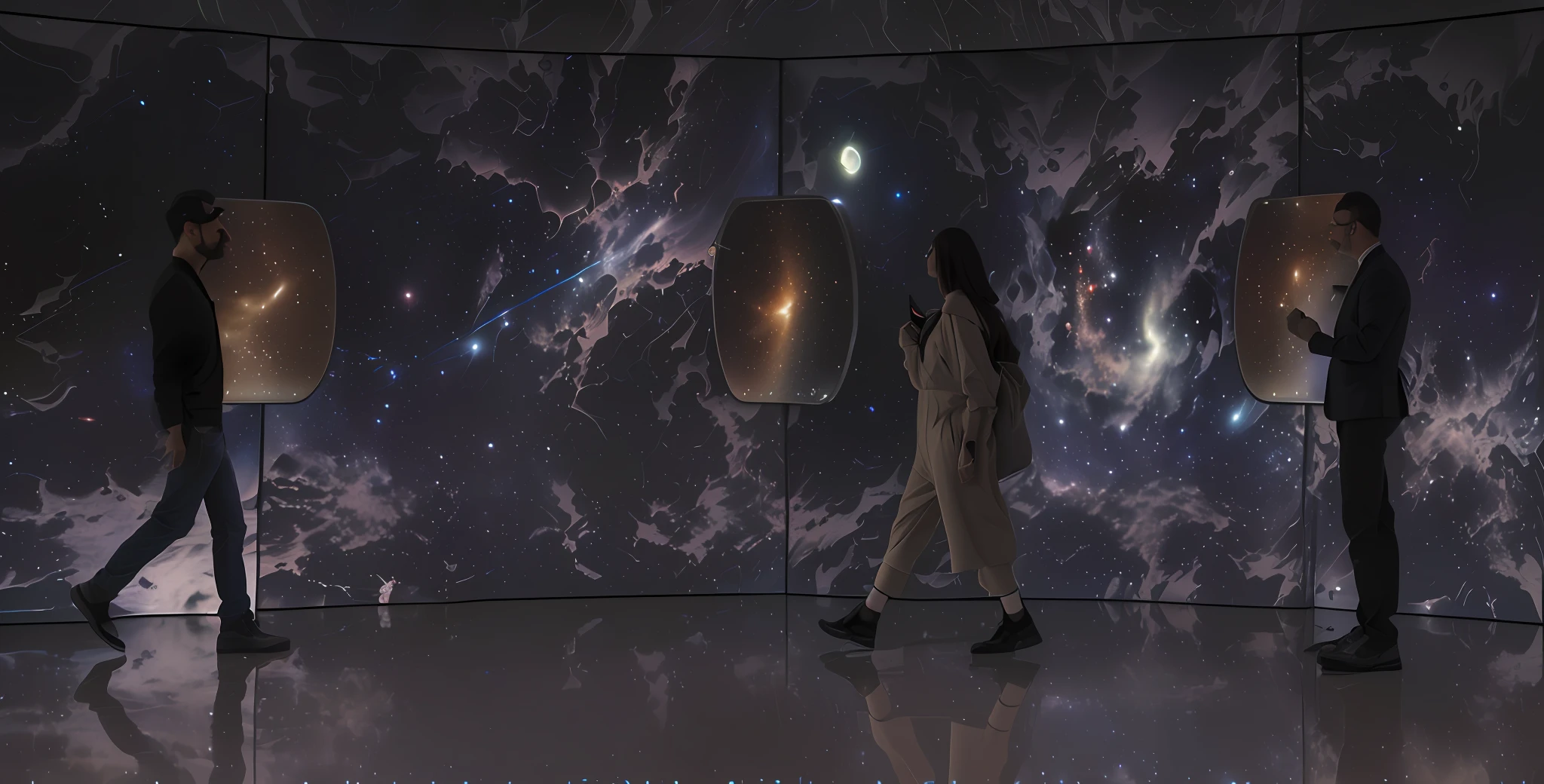 Three people walking in a room,There are electronic screens on the walls, Exhibition Space,Glowing Milky Way, floating in a cosmic nebula, in a space starry, cosmos sem fim no fundo,