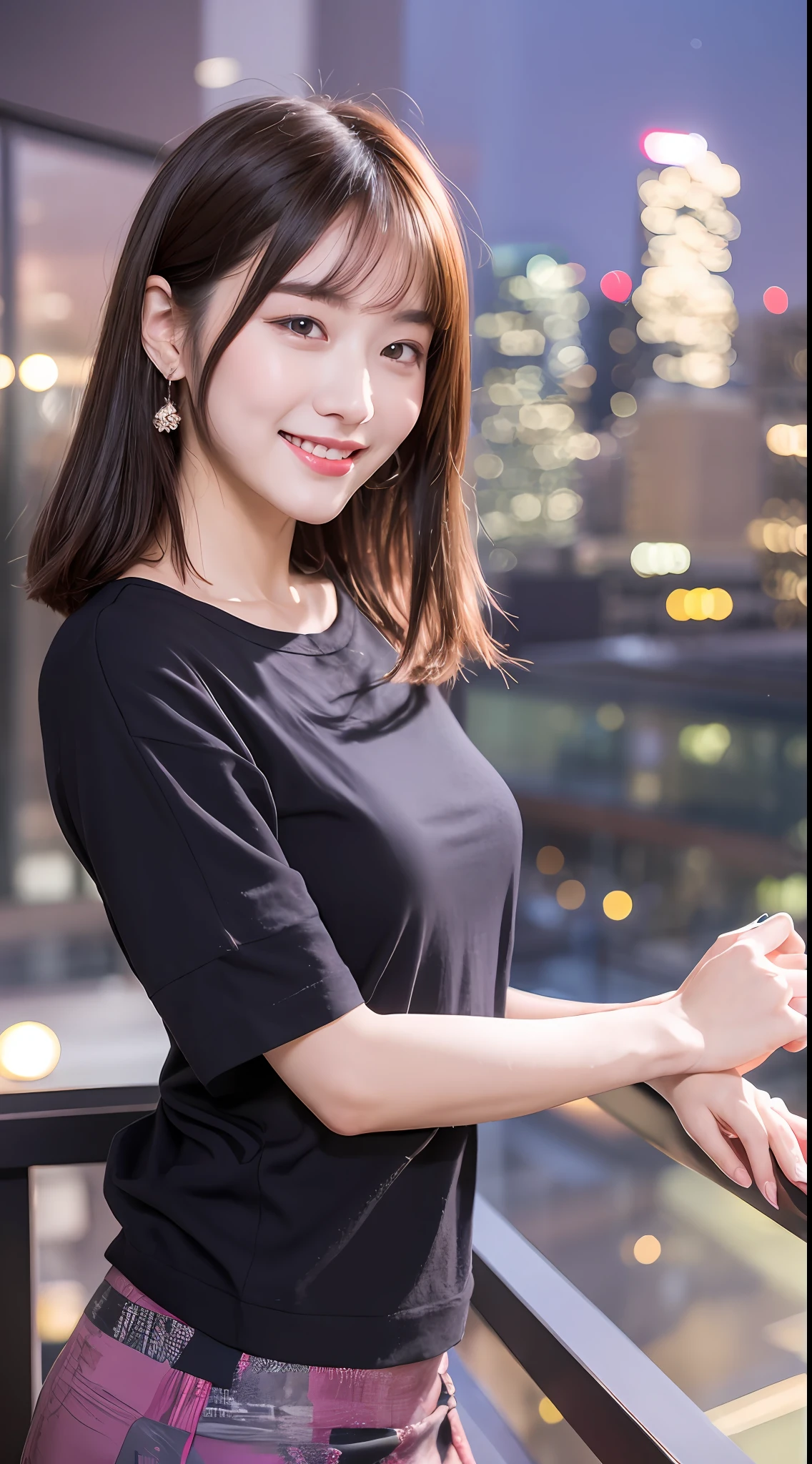 Ultra HD 8K quality,Absolutely beautiful girl,hair straight、short detailed hair、Fluffy long hair switch at will,Delicate eyes,Bright makeup,The blush is very touching,Smile sweetly,Super slim,Hotel for the night,On the hotel balcony,Wearing a pink skinny T-shirt、a black skirt,macro shot,Mobile night mode,Fantastic and beautiful。