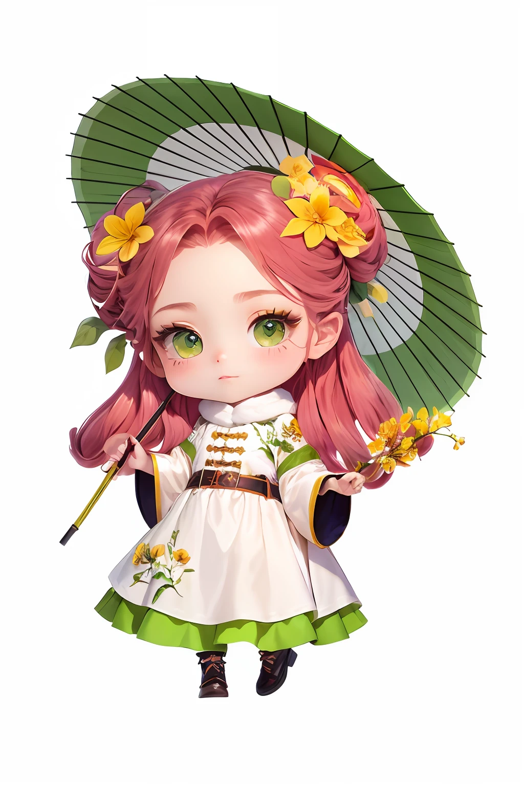 Refinement，8K，Ultra-clear details，Holding yellow spring flowers in his hand，Smooth satin fabric，The clothes are printed with yellow spring flower decorations，Long hair with a shawl，There are green hair clips on the sides of the hair，The head is decorated with spring flowers，More floral details，Umbrella handle detail