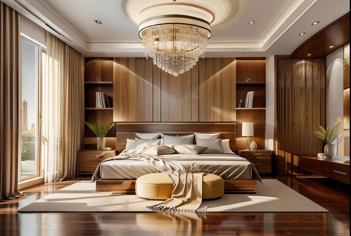 Masterpiece, outstanding quality, photo-realistic, intricate details, modern interior, elegant bedroom, plush rug, polished wooden floor, sunlit window, flowing curtains, natural daylight, vray.