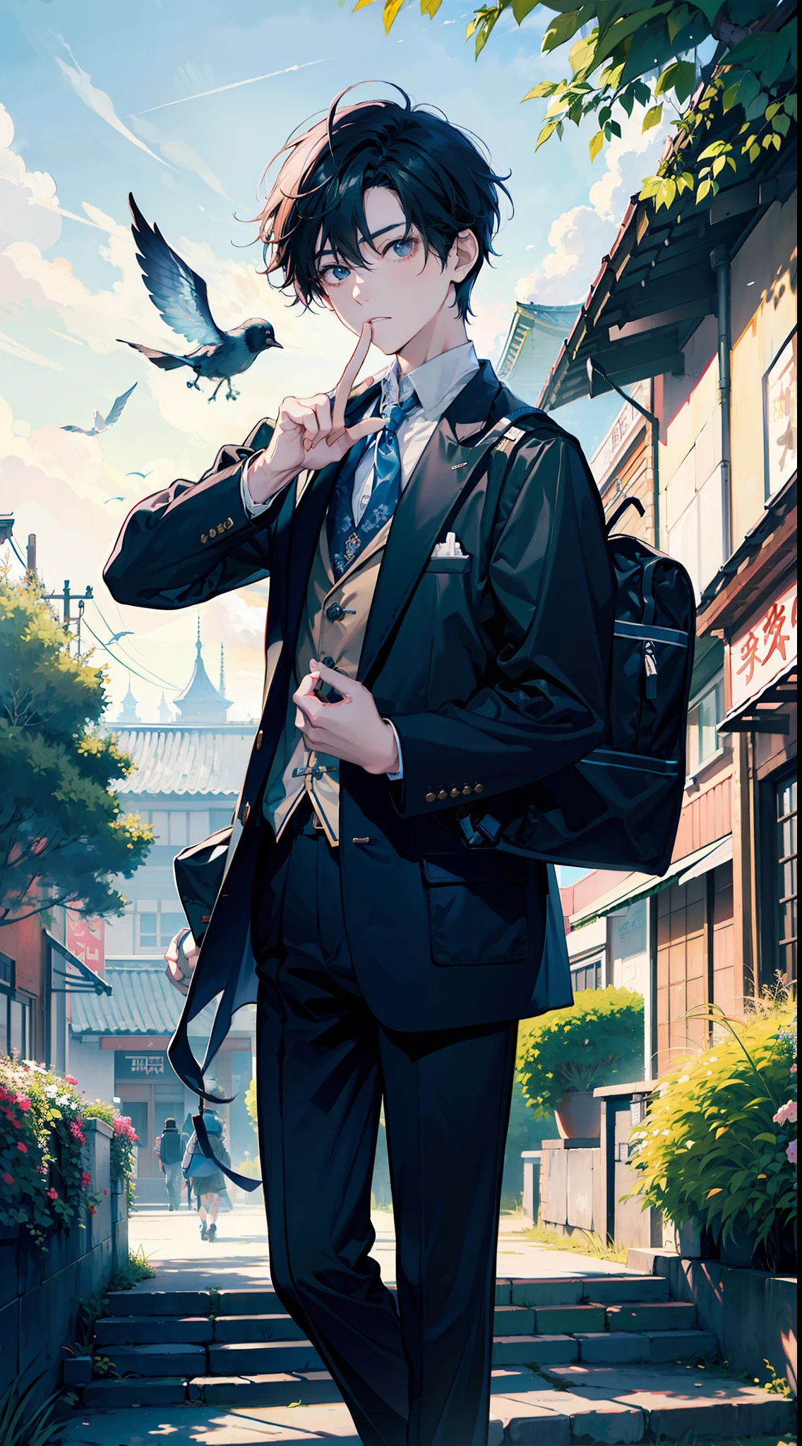 tmasterpiece,Need,1boy,college aged,cool guy,Community,zaun,Spindle tree,afternoon sunshine,On the way from school,校服,backpacks,Flock of Birds,frontage,depth of fields