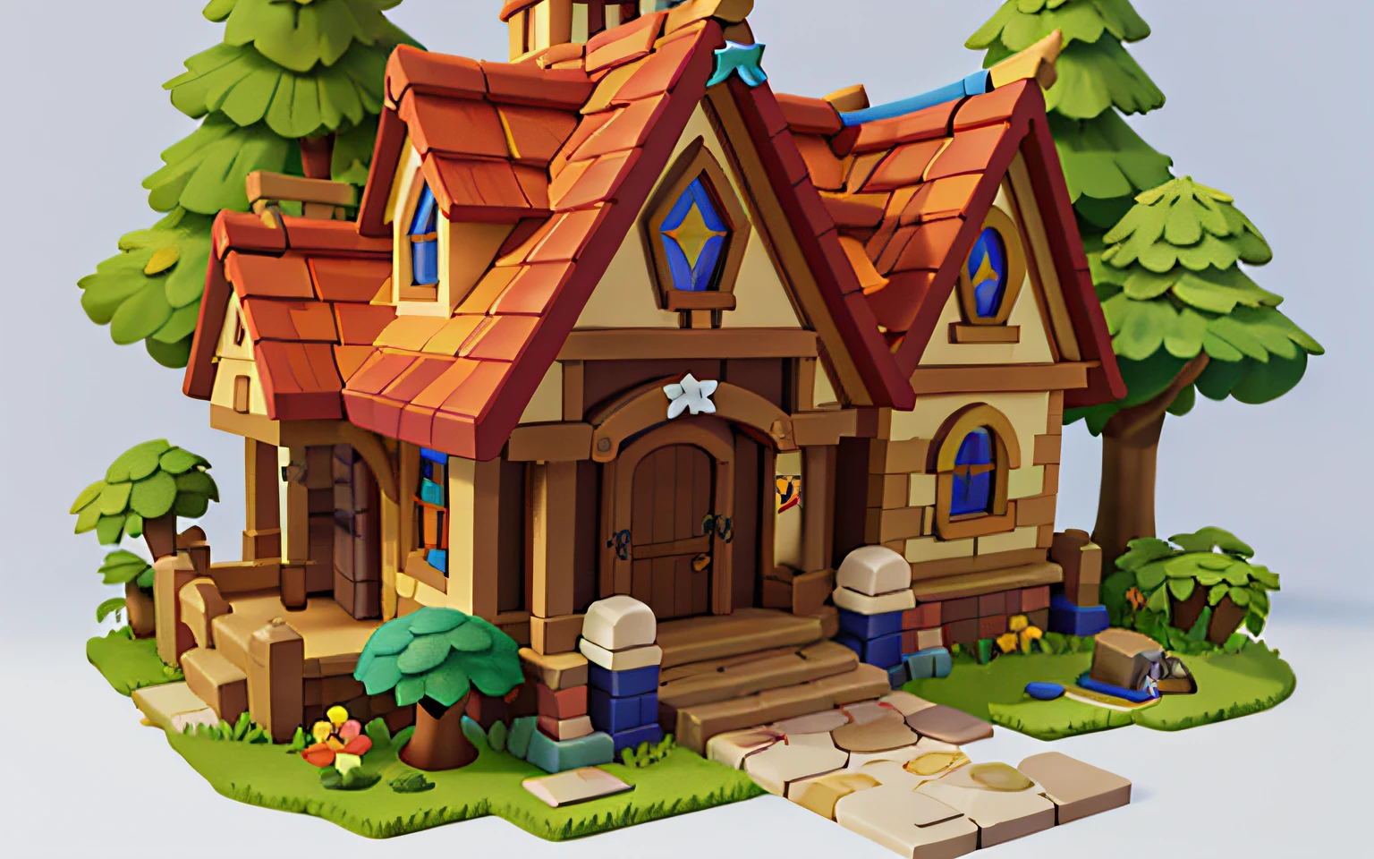 cartoonish style， polygon， Game architectural design， fanciful，fantasy， Ordinary house，White wall， Cross decoration，Broken tile roof， steins， Bricks， grassy， florals， the trees， casual game style，Screen meekness， Originality， best detail， Blander， tmasterpiece， best qualtiy， toon rendering， 8K，Game Icon Institute
Game icon