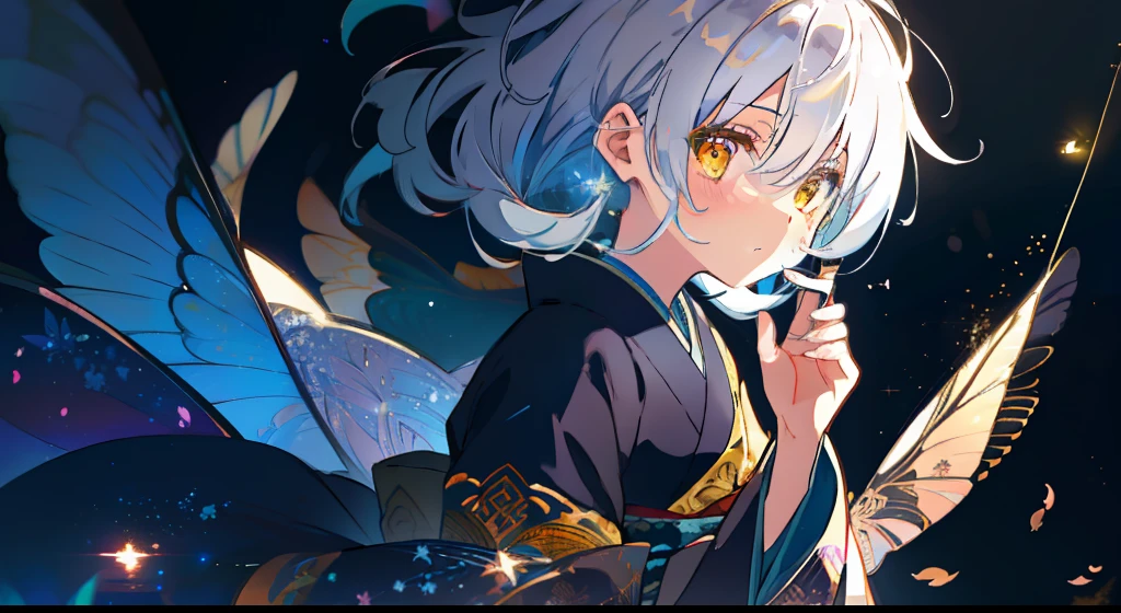 One girl、kimono、Fluttering clothes、Beautiful fece、Glitter、mournful、white hair、long、校服、dark backgrounds、black backgrounds、masterpiece、top-quality、Top image quality、Fluttering hair、yellow eyes
