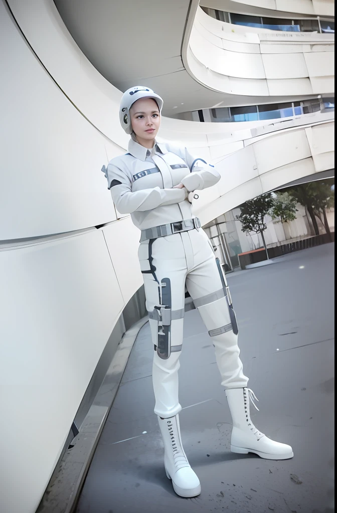 There is a woman in a white overalls posing for a photo, Wear overalls, styled like ghost in the shell, white cyborg fashion shot, muted cyberpunk style, wearing futuristic white suit, wearing cyberpunk streetwear, cyberpunk fashion clothing, cyberpunk outfits, wearing futuristic clothing, cyberpunk streetwear, cyberpunk fashion clothing, Cyberpunk clothes, dystopian scifi outfit, cargo pants. cyberpunk city, highres