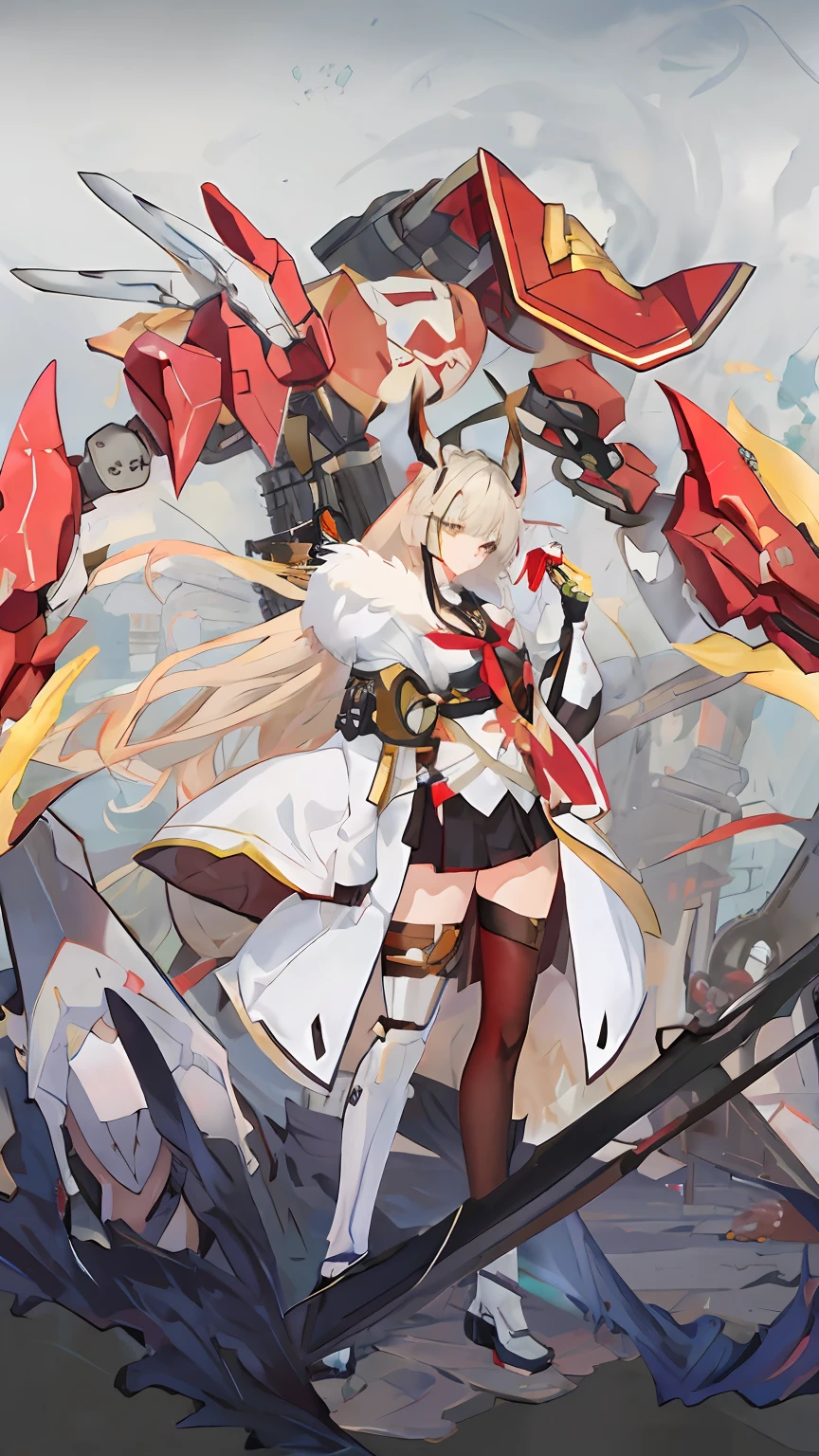 Anime characters with a sword and a large red and yellow object, Kushatt Krenz Key Art Women, azur lane style, 《azur lane》role, A scene from the《azur lane》videogame, Mechanized Valkyrie girl, of a ramlethal valentine, White and red armor, Ayaka Genshin impact, Official artwork, From Arknights, Detailed key anime art,Best quality at best,超高分辨率,(真实感:1.4),1girl,tmasterpiece,exteriors,full bodyesbian,The right leg injury is a prosthesis