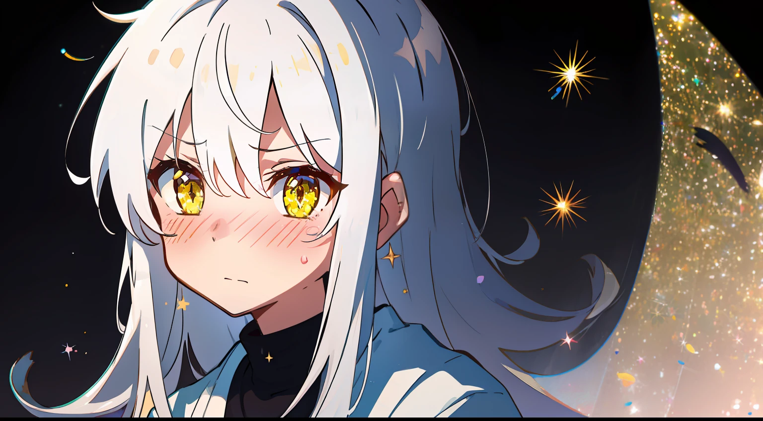 One girl、get angry、blushing、Mushy、Beautiful fece、Glitter、mournful、white hair、long、校服、dark backgrounds、black backgrounds、masterpiece、top-quality、Top image quality、Fluttering hair、yellow eyes