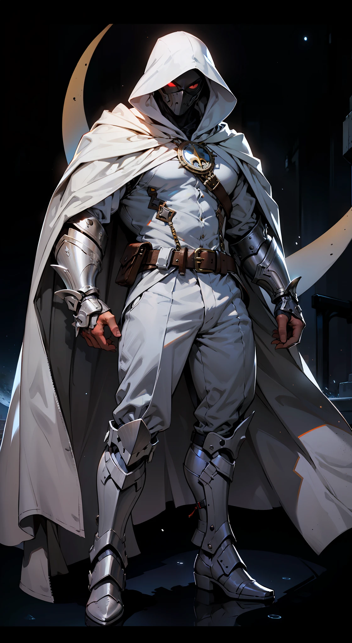 arafed image of a man in a white cloak and a black mask, moon knight, cloak. extremely high details, female moon knight, white cloak, steampunk superhero, sleek streamlined white armor, streamlined white armor, high detail iconic character, modern clean white armor, red son, ray swanland, nite - owl, detailed white armor