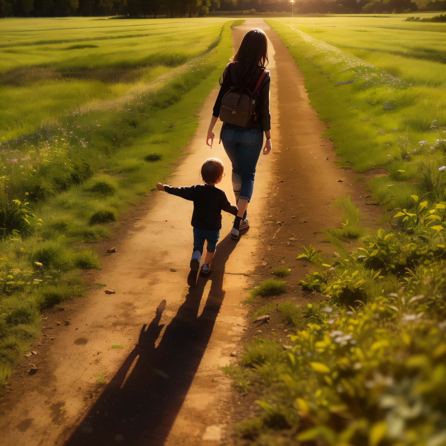 Mother leads her child through the countryside,Back Shadow,Close-up,Sunset backlight