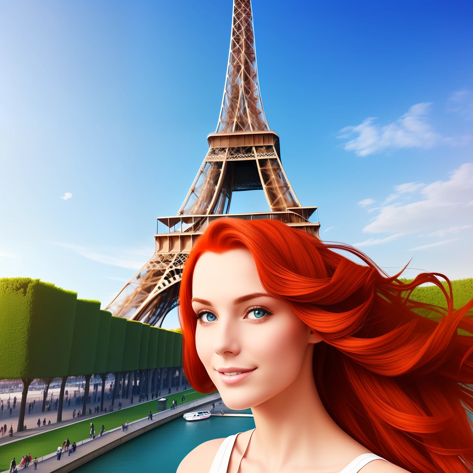 pretty red-haired lady in front of the Eiffel Tower, Paris, realistic photo, in color --auto