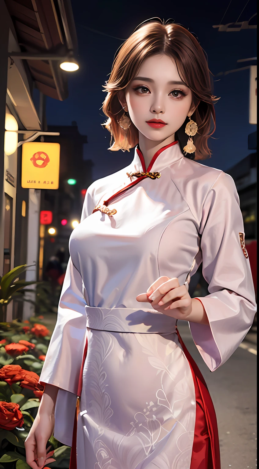 (Masterpiece, Top quality, Best quality, offcial art, Beautiful and aesthetic:1.2), (a beautiful girl in vintage aodai:1.3), Extremely detailed,(Fractal art:1.1),(Colorful:1.1)(Flowers:1.3),highest details,(zentangle:1.2), (Dynamic pose), street, Cyberpunk, (vietnam Traditional aodai:1.2), (Shiny skin), (many color:1.4), ,(Earrings:1.4),