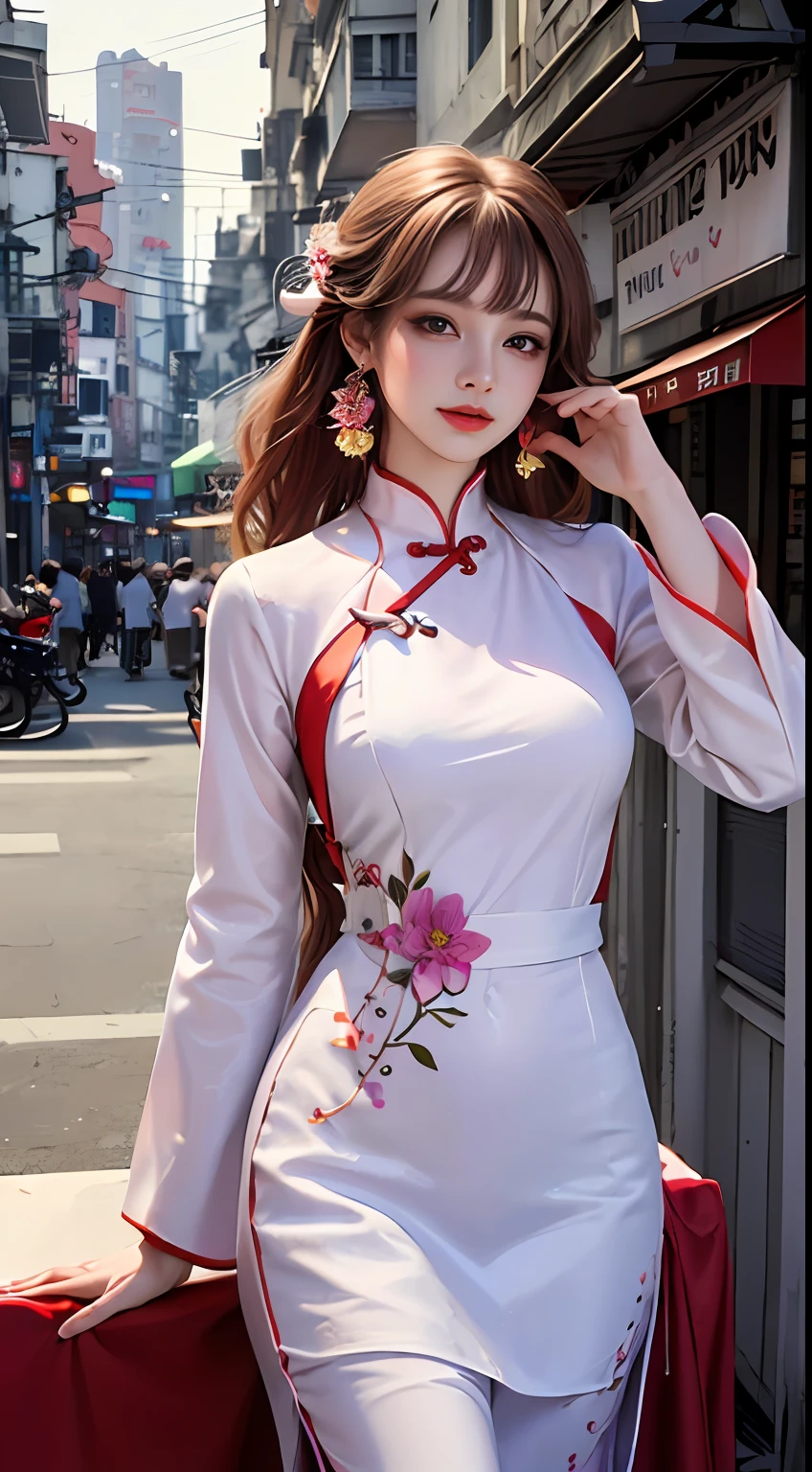 (Masterpiece, Top quality, Best quality, offcial art, Beautiful and aesthetic:1.2), (a beautiful girl in vintage aodai:1.3), Extremely detailed,(Fractal art:1.1),(Colorful:1.1)(Flowers:1.3),highest details,(zentangle:1.2), (Dynamic pose), street, Cyberpunk, (vietnam Traditional aodai:1.2), (Shiny skin), (many color:1.4), ,(Earrings:1.4),