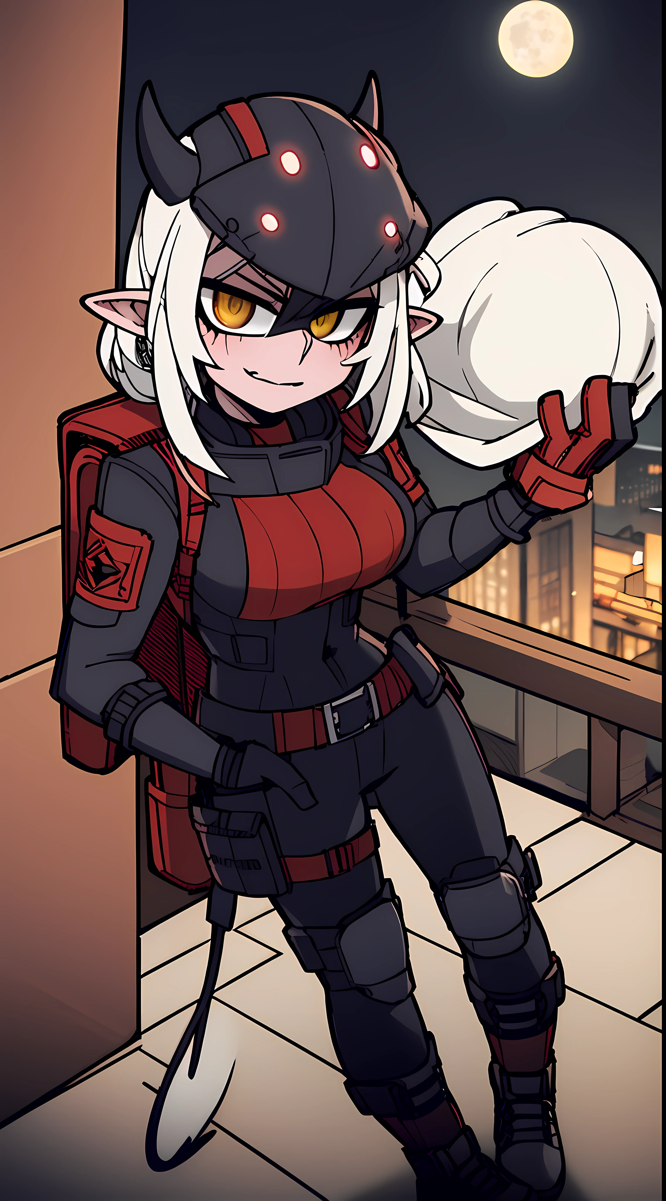 1girl, solo, mature woman, pointy ears, breasts, wide hips, thick thighs, blush, blushing, horns on head, demon tail, large breasts, dynamic angle, sharp focus, standing, heterochromia, 8k resolution, city, night, moon light, neon lights, cyberpunk, ghost in the shell, black latex suit, chest rig, holster, straps, knee pads, toolbelt, pouches, high quality shadows, glowing eyes, looking at viewer, science fiction, lens flare, night vision goggles, balaclava, ski mask, zip up, combat boots, black gloves, floating, in the air, skyscraper windows, turtle neck collar, high collar, satchel, hands in pockets, shirt pocket, stealth suit, sci fi architecture, digital building, tech wear,