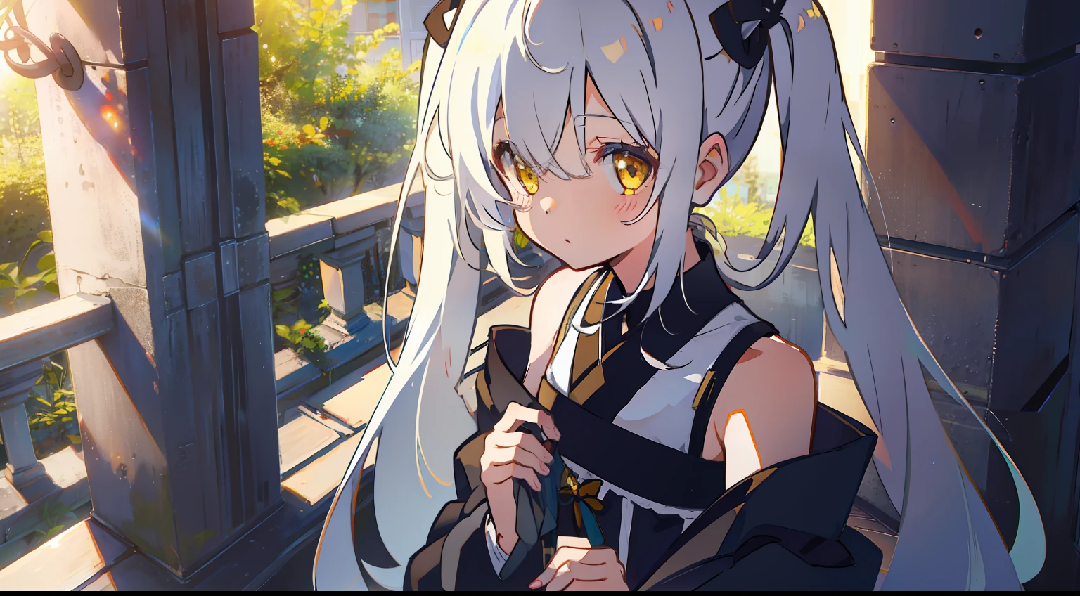 One girl、Double knot、Twin-tailed、High twin tails、cute little、white  hair、yellow  eyes、beautidful eyes、​masterpiece、Top image quality、top-quality、Shoulder-length clothing、