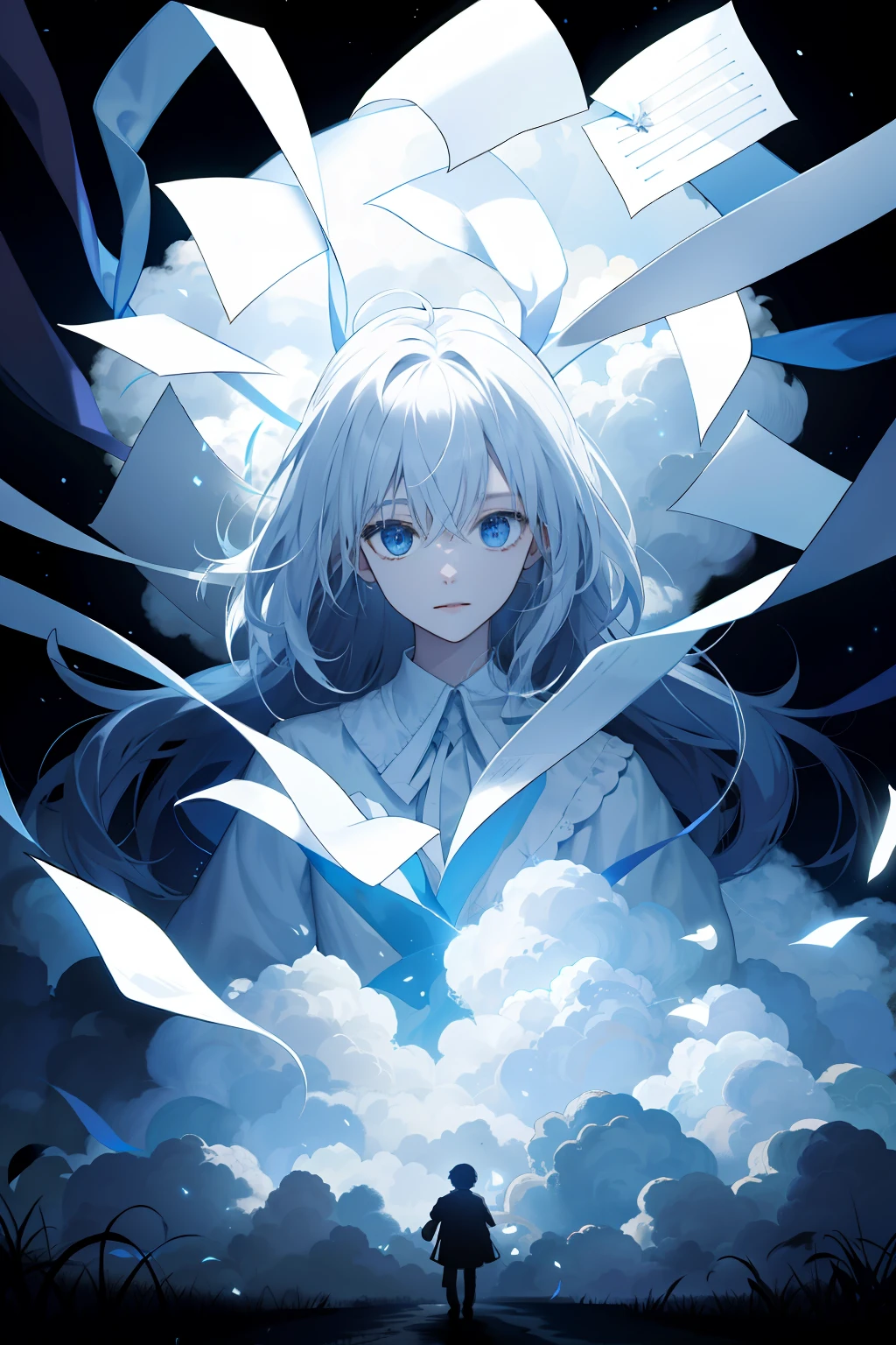 On a dark stage,Falling white ribbons,A light in the dark,feater,Paper,Clouds,dream magical,Delicate portrayal