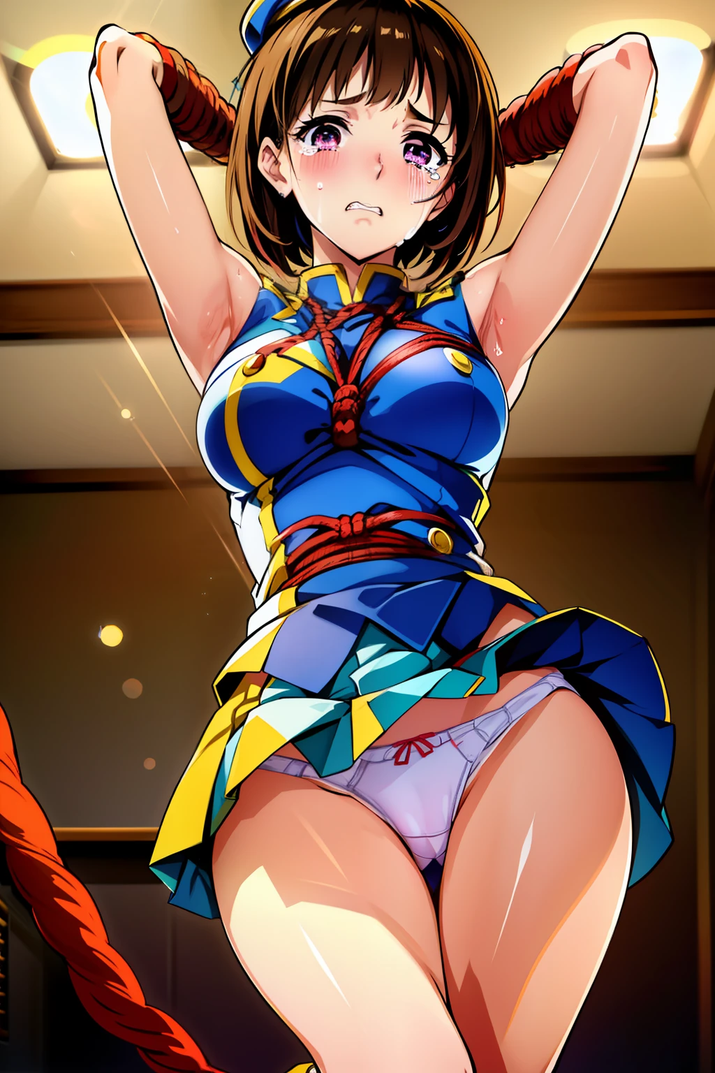 Nakaseko Kaori,cel anime,official art,(cowboy shot:1.3),central framing,centered in frame,(day), classroom,(from very below,ceiling:1.3), (cute band uniform costume, cute super short box_pleated_miniskirt ,sexy_white_frilled_panties,sexy bare thigh:1.3),(standing on one leg, leg lift, standing split to show panties,:1.6), (upskirt:1.2),slender body,thin body,brown hair, short hair, purple eyes, mole under eye, hat, band uniform, sleeveless, white gloves, pleated skirt, knee boots, (rope shibari over the clothes,arms behind head:1.4),1 girl, 18yo,Young female,Beautiful Finger,Beautiful long legs,Beautiful body,Beautiful Nose,Beautiful character design, perfect eyes, perfect face,
(frown,shame,embarrassed,anger,troubled eyebrows,crying,opened eyes tightly, closed mouth,clenching teeth,full face blushing,:1.2),(Beautiful,medium_Breasts,natural pointy tits:1.2), (beautiful_face:1.5),(narrow_waist),panties,cameltoe, erotic,
NSFW,extremely detailed CG unity 8k wallpaper, perfect lighting,Colorful, Bright_Front_face_Lighting,
(masterpiece:1.0),(best_quality:1.0), ultra high res,4K,ultra-detailed,
photography, 8K, HDR, highres, absurdres:1.2, Kodak portra 400, film grain, blurry background, bokeh:1.2, lens flare, (vibrant_color:1.2),