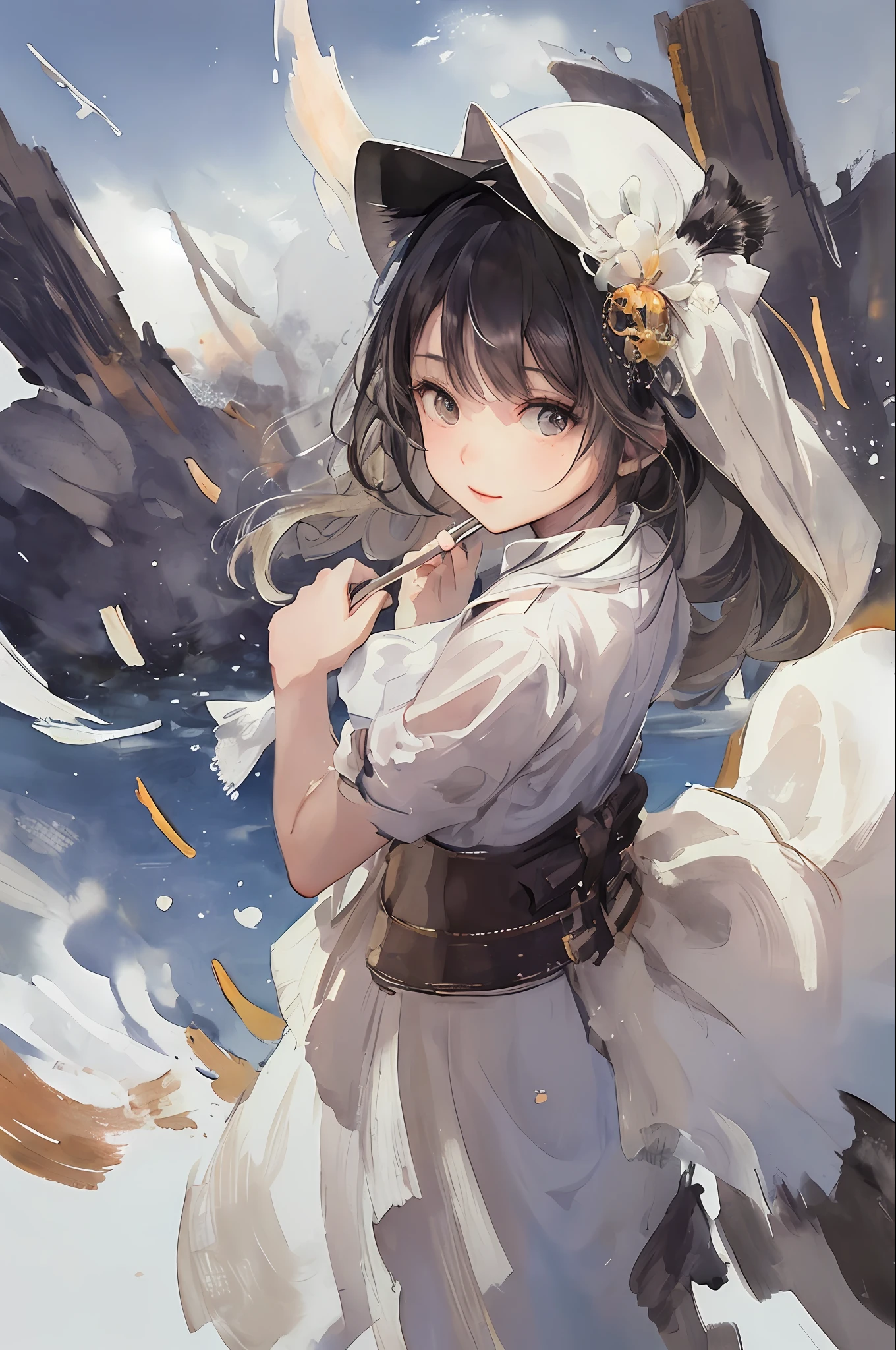 Stechu,(White background:1.4), (Tachie)), original,(illustratio:1.1),(Top image quality),(masterpiece:1.1),(Ultra detailed CG unified 8k wallpaper:1.1), (colourfull:0.9),(panoramic shot:1.4),(独奏:1.2), (Ink splashes),(color splashes),((watercolor paiting)), Clear Sharp Focus,{ 1 Girl Standing},sea the background of,plein air,boulders, looking at the viewers、make happy expressions、Soft smile、pure、Beautiful face and eyes、beautyfull intricacy clothing decorative pattern details、A dark-haired、black eyes、colorwater