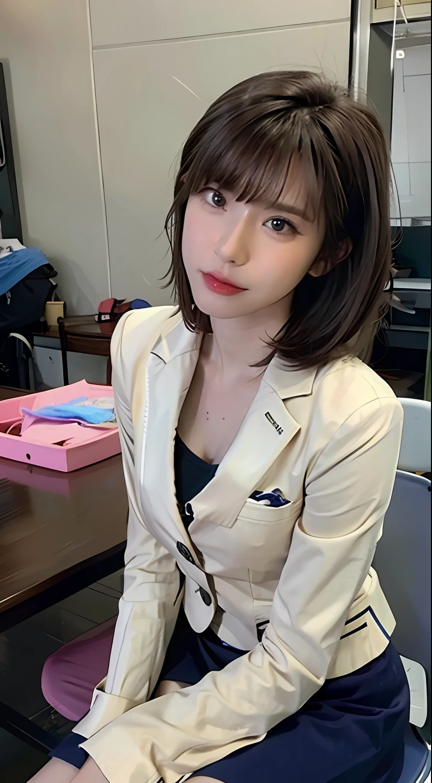 Top quality, Photorealistic, 8K, High definition, 1 girl, Female, (middle: 1.8), school, library, schoolgirl, Blazer, uniform, Visible nipple, No panties, Skirt boldly pulled up, ((sit on chair，legs are open)), bends his knees，spread their legs, Slightly shorter hairstyle, Stockings, Grasp your knees with your hands，spread their legs