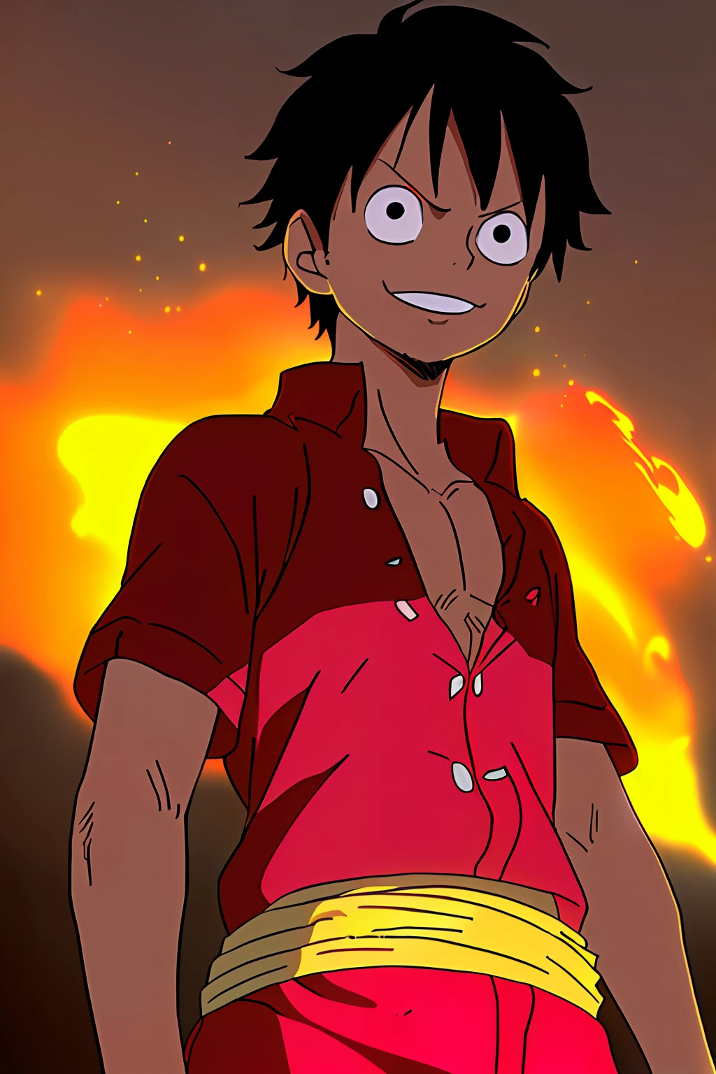1boy, wanostyle, monkey d luffy, smiling, straw hat, looking at viewer, solo, upper body, ((masterpiece)), (best quality), (extremely detailed), depth of field, sketch, dark intense shadows, sharp focus, soft lighting, hdr, colorful, good composition, smoke all around, spectacular, closed shirt, anime screencap, scar under eye, ready to fight, black eyes, outdoors, night
