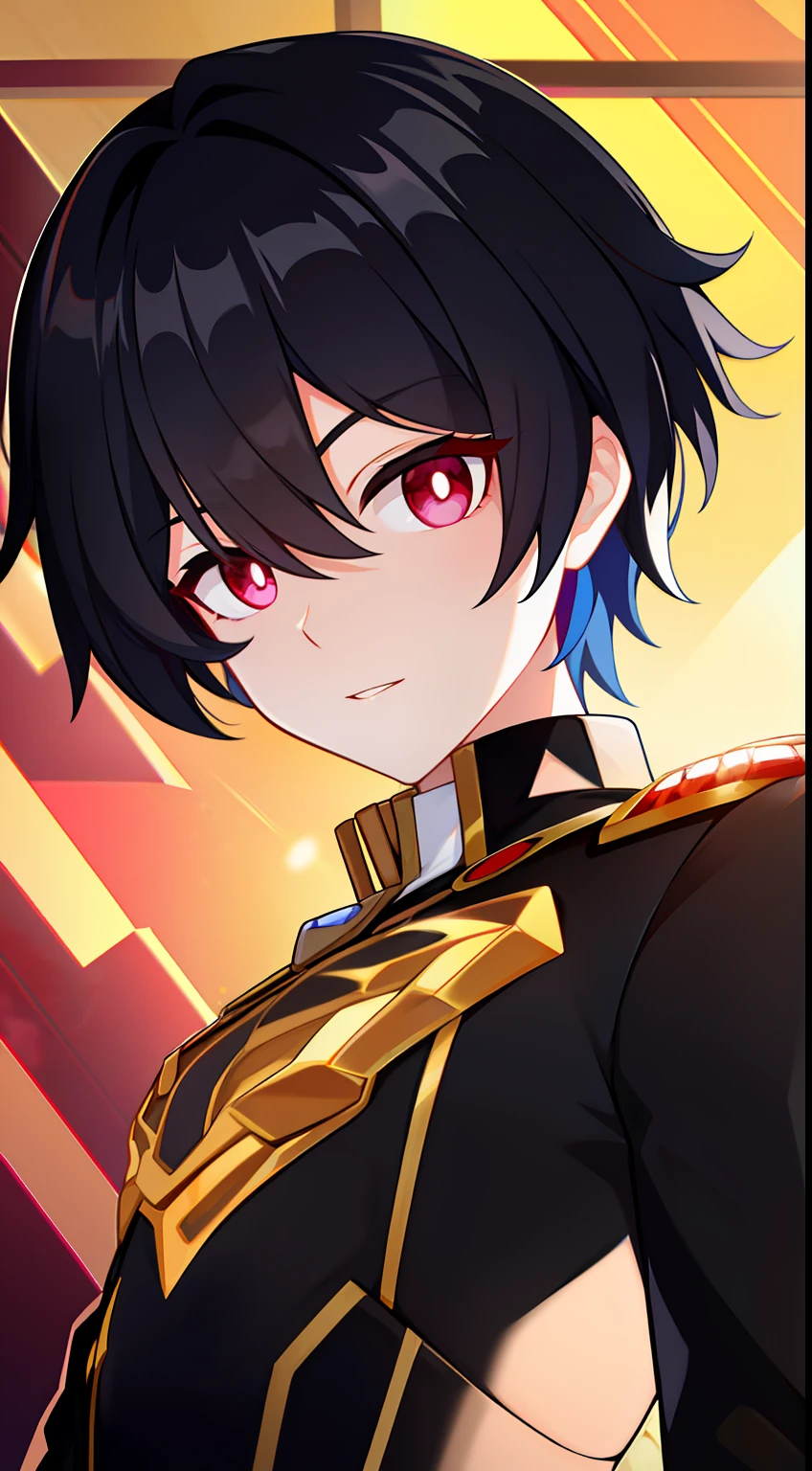 Young guy, short black hair, The eyes are red, Royal Uniform, The Infinity Gauntlet, Masterpiece, hiquality