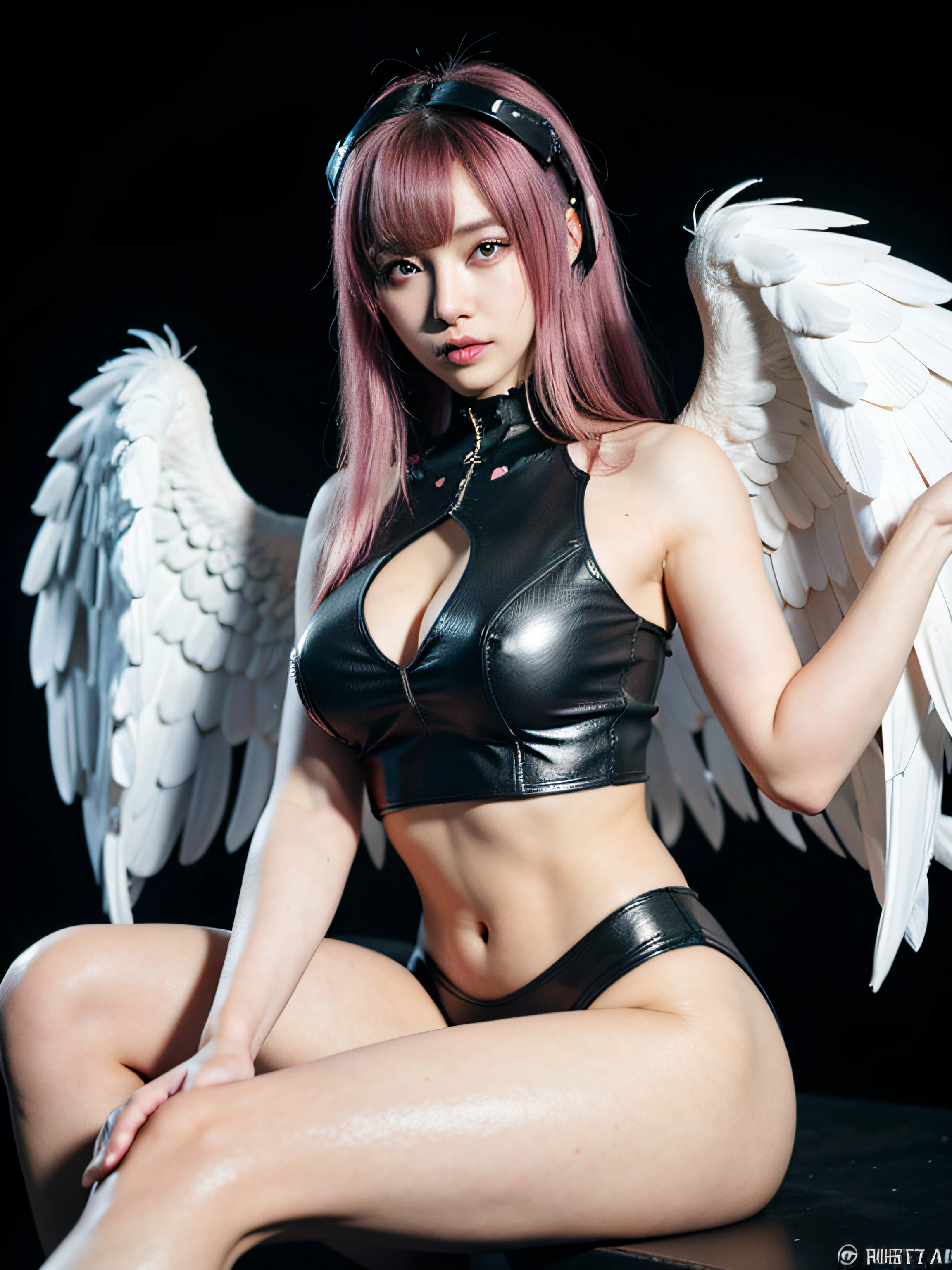 (cyber punk perssonage:1.4), (Photorealistic:1.4), (Best quality:1.0), (超高分辨率:1.0), 8K, RAW photo, (Masterpiece:0.2), Ultra-detailed, 1girll, Pale skin, Detailed skin, facing to audience,Beautiful eyes,S stature,navel,Slender legs,Pink black leather,(Ultra-realistic feathers,Giant angel wings),