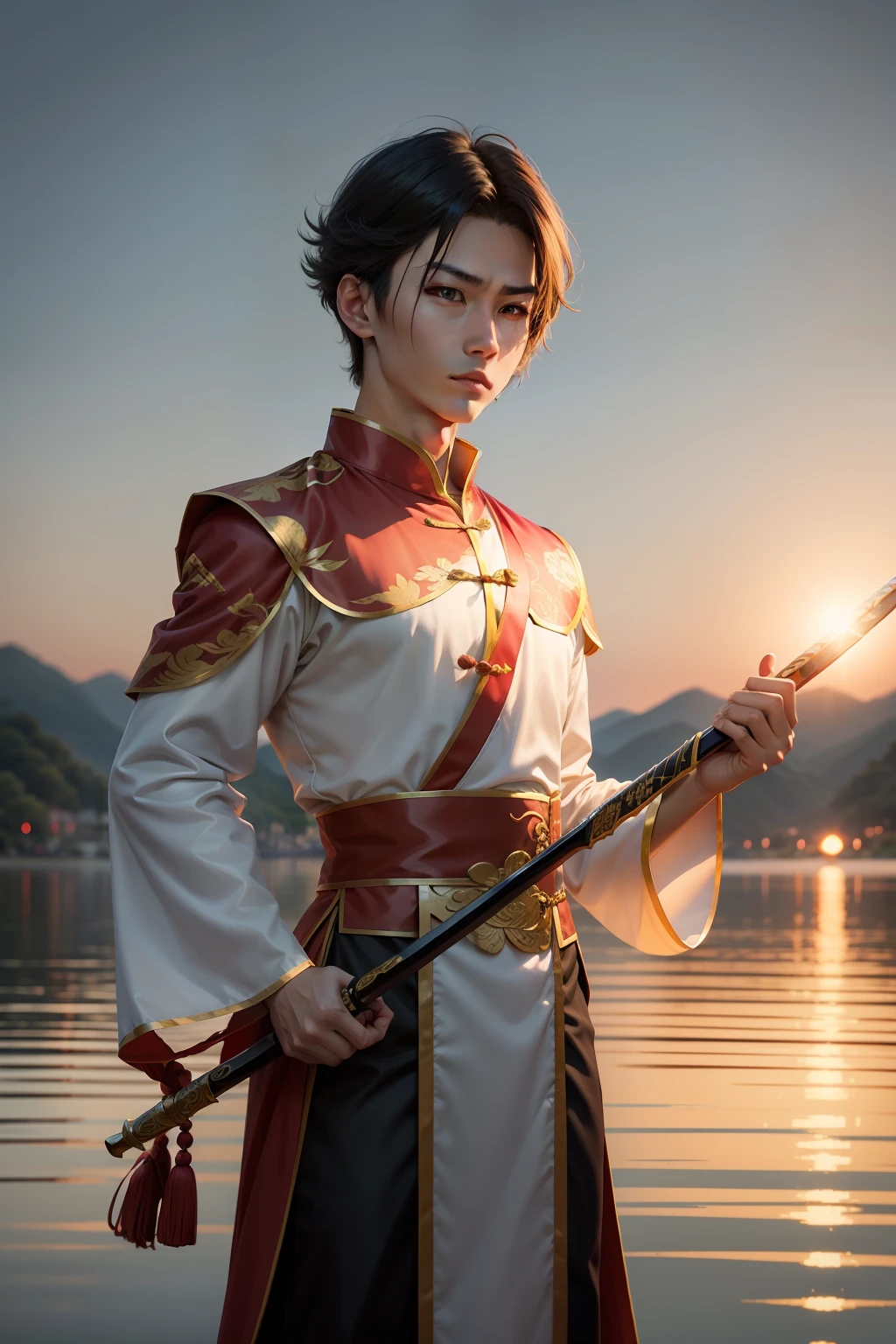 Two-dimensional Chinese costume Young male calm Lakeside sunset Sword practice