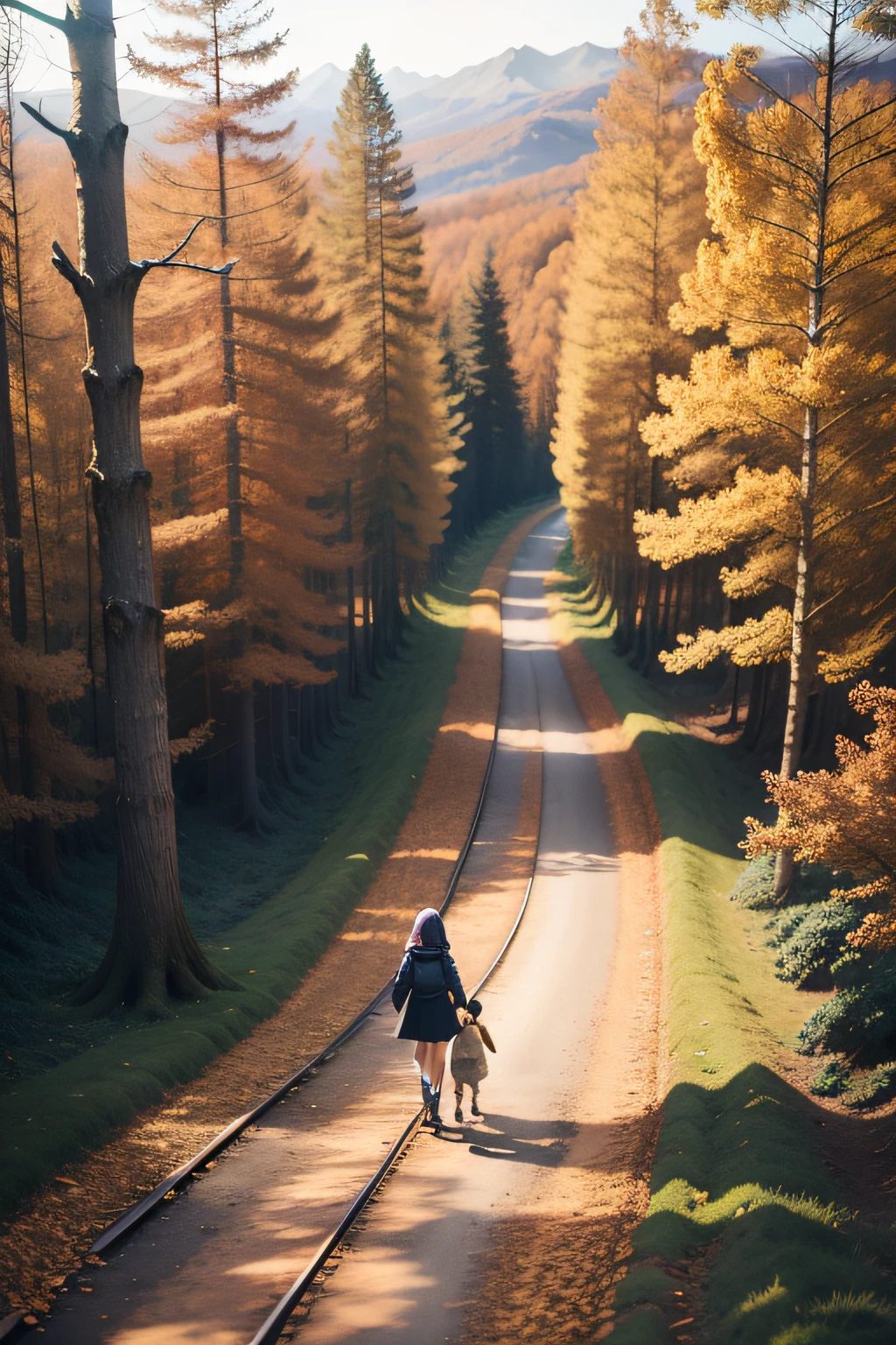 Look down from above，ln the forest，autumnal，Flat style，Little girl walking，Puppy companion