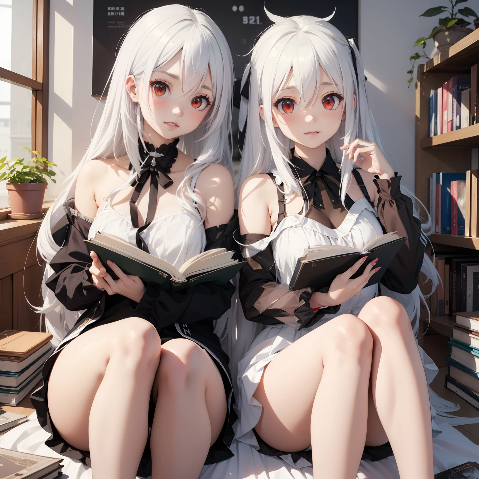 (Perfect white-haired girl + youth campus: 1.2), (anime girl + girl front style + anime visual + anime cute art style: 1.3), (long white hair + white hair + from girl front: 1.2), (one book + one book: 0.9), beautiful portrait, harmony fusion, rich picture detail, clarity, strong texture. White silk, slender beautiful legs, red eyes, two girls