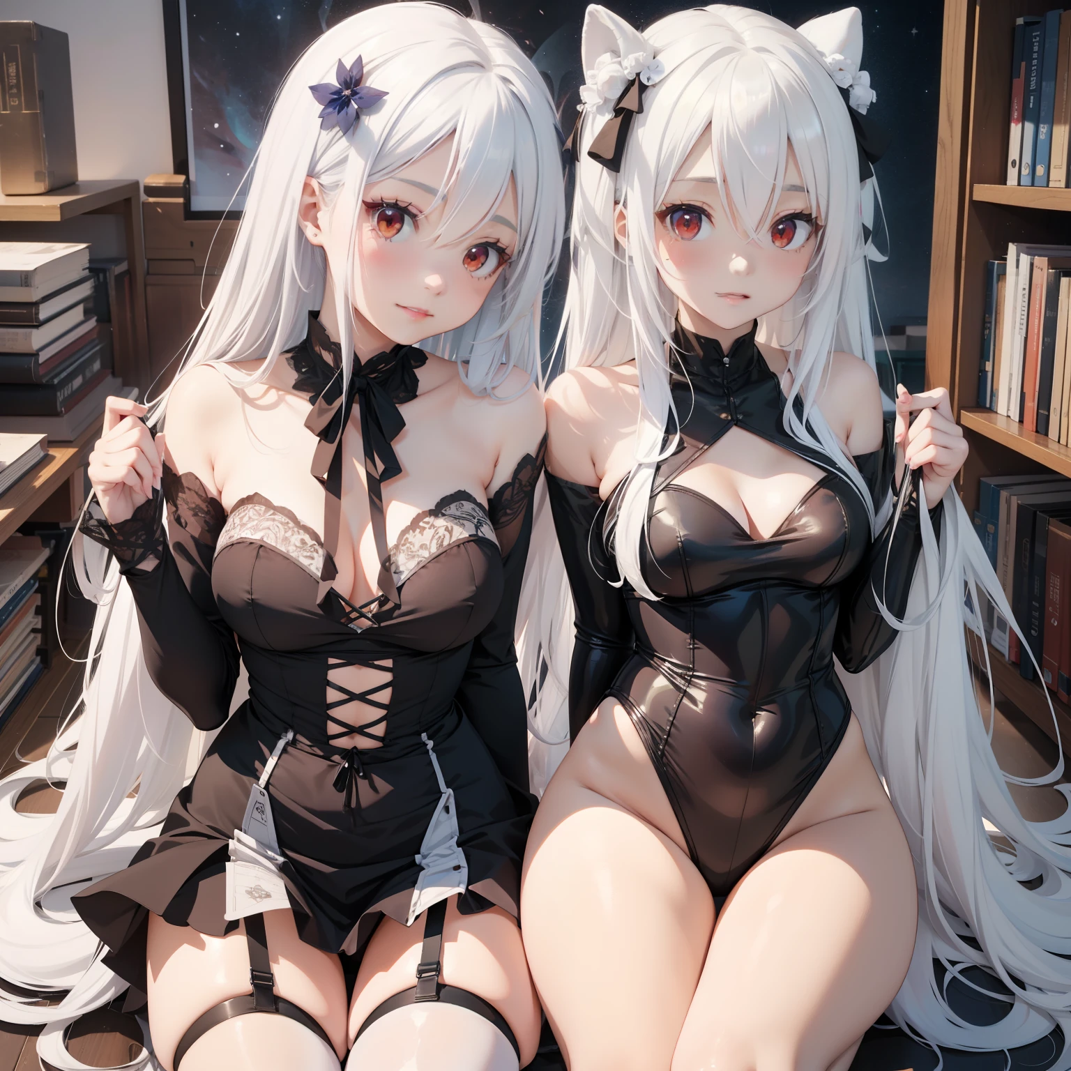 (Perfect white-haired girl + youth campus: 1.2), (anime girl + girl front style + anime visual + anime cute art style: 1.3), (long white hair + white hair + from girl front: 1.2), (one book + one book: 0.9), beautiful portrait, harmony fusion, rich picture detail, clarity, strong texture. White silk, slender beautiful legs, red eyes, two girls