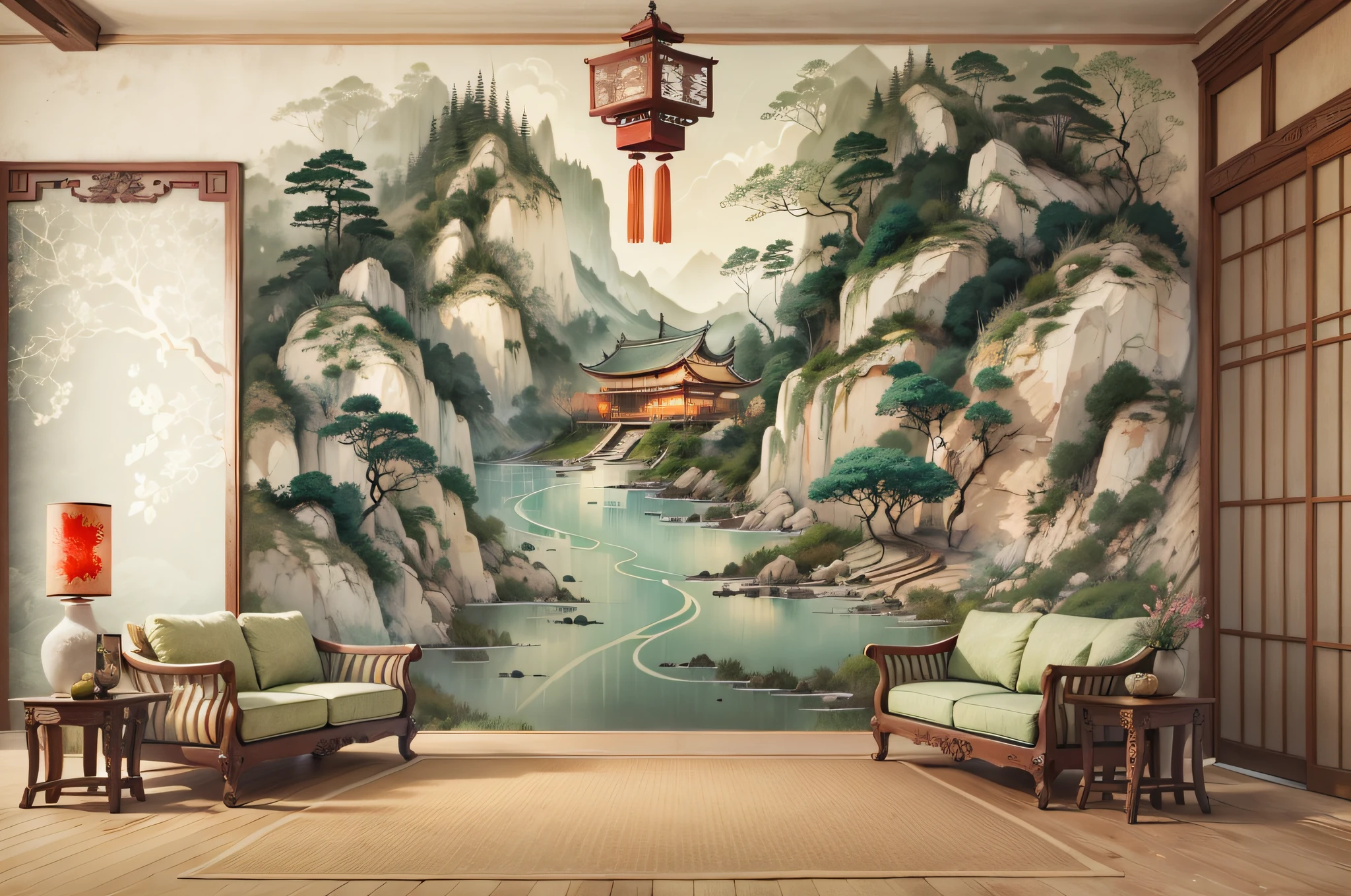 There is a mural behind the sofa in the Chinese living room,water ink,scenecy