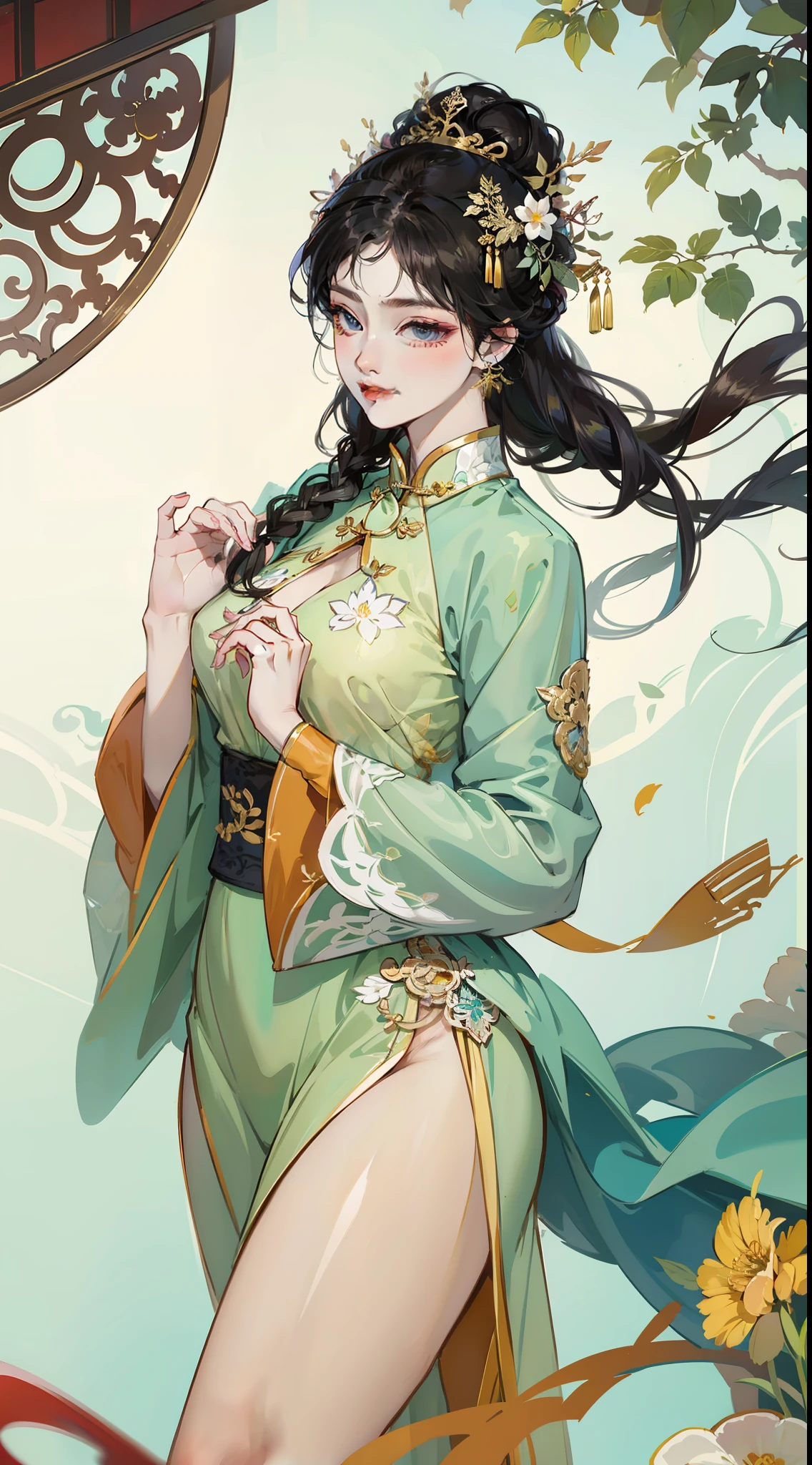 Bigchest,爆乳,Chest tight full wrap,Tight chest,The lower body is long and split in cheongsam,The sides show the thighs,Wear a long cheongsam,The chest is large,The cheongsam is long to the feet,full bodyesbian,Delicate and perfect face,ssmile,looking at viewert,The pose is sexy and enchanting