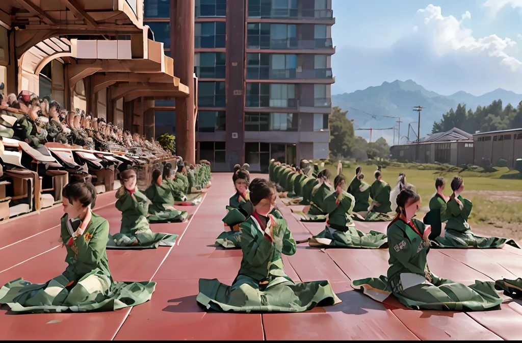 Students in green uniforms lie on their stomachs on the runway, Covered in mud, competition winning, author：Wang yi, shot on iphone, Wearing a track suit stained with mud, motivational, wonderful masterpiece, they are crouching, interesting composition, award - winning shot, highres