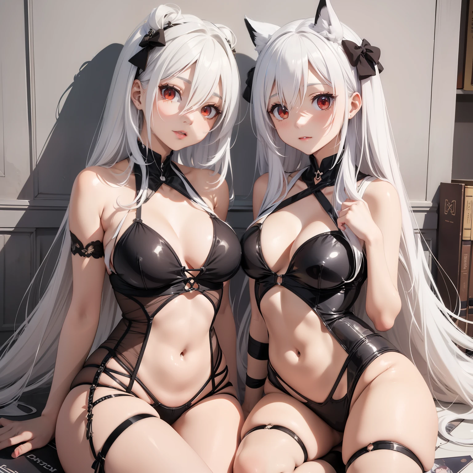 (Perfect white-haired girl + youth campus: 1.2), (anime girl + girl front style + anime visual + anime cute art style: 1.3), (long white hair + white hair + from girl front: 1.2), (one book + one book: 0.9), beautiful portrait, harmony fusion, rich picture detail, clarity, strong texture. White silk, slender beautiful legs, red eyes, two girls