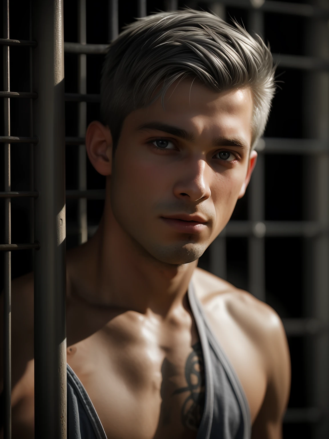 photorealistic photography，Dirty 15-year-old man close-up，gray hair，Focus on the eyes，50 mm f/1.4，HDR masterpiece，dramatic  lighting，Epic，Hair in the wind，naked torso, In prison shorts，Prison past