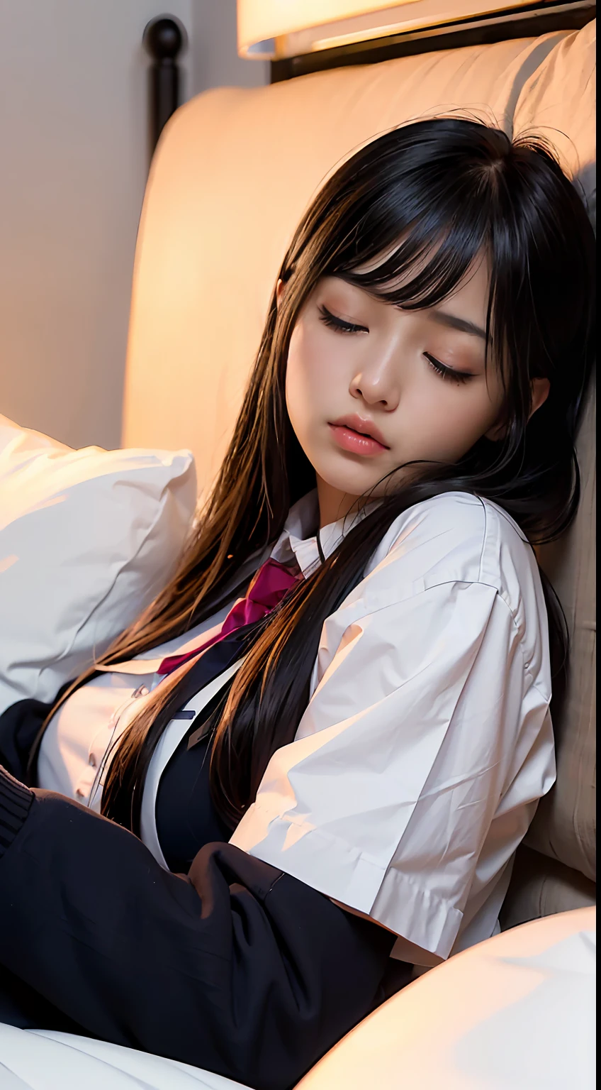 ((8K、Raw photography、top-quality、masterpiece)、(realisitic、photorealisim:1.37)、(top-quality)、(Best Shadows)、(The best illustrations)、鎖骨((爆乳))、((A sexy、超A high resolution、High Definition CG Unified 8K Denden Wallpaper、physically-based renderingt、Cinematographic lighting)、20 year old girl、 (blazers、sockes、high-school uniform:1.2), beautiful finely detailed eyes, Light on the Face, ((FULL BODYSHOT:1.2)), especially strong light,glowy skin、( thick thight), (The Flash:1.2), NSFW, (puffies,face perfect、Schools、full body Esbian、Pants are visible through the skirt、kawaii faces、gals、Sleep in bed with your eyes closed、A dark-haired、siesta、sprawl、Lie down,